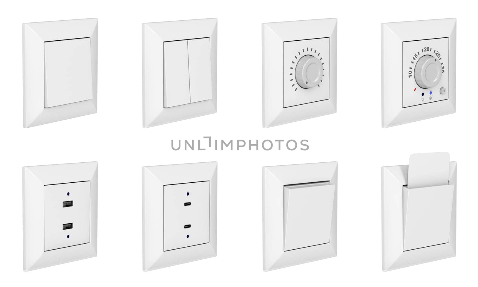 Many wall light switches, USB sockets, analog thermostat and key card slot. Set of objects isolated on white background.