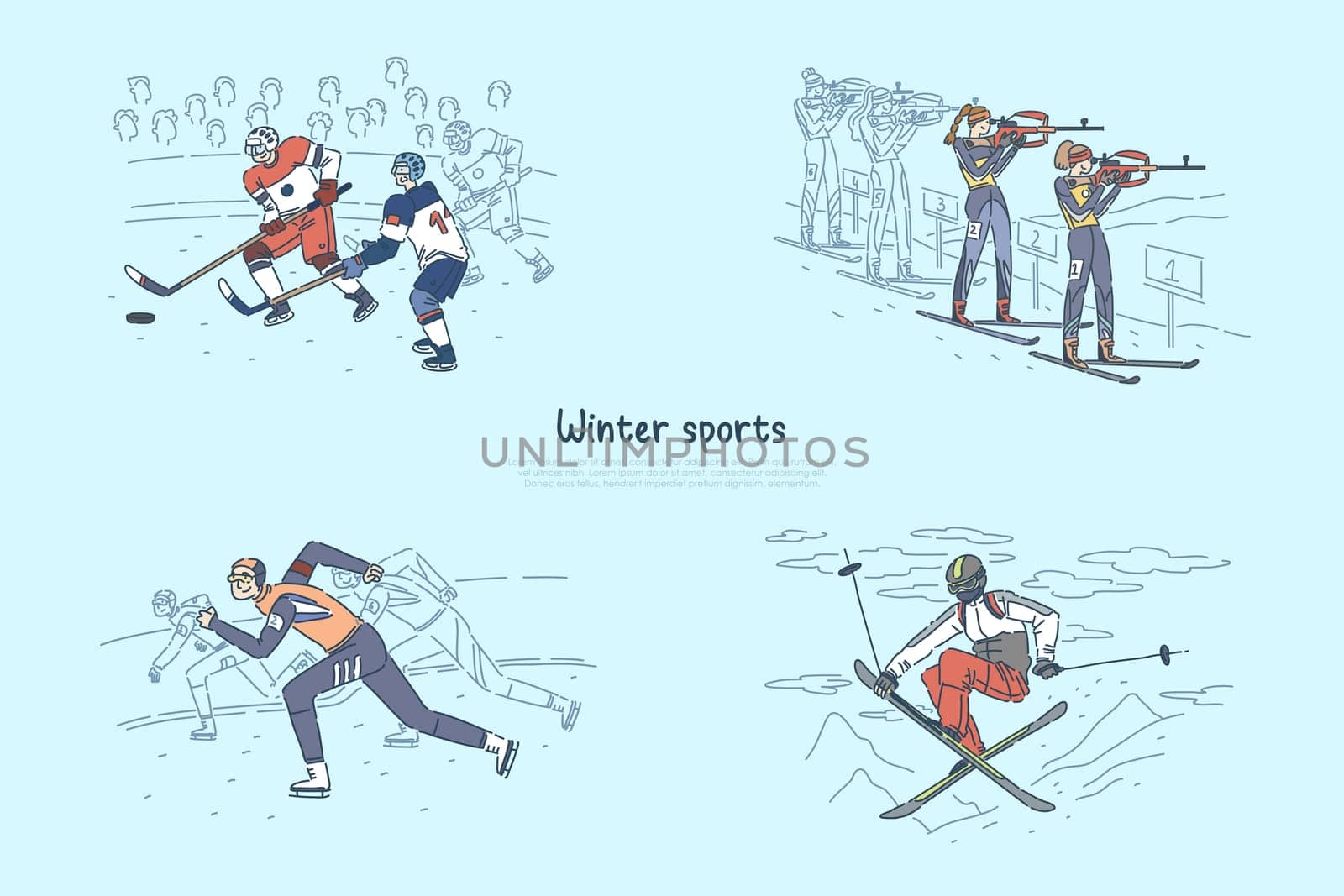 Speed skating, biathlon competition, ice hockey match, professional sportsman skiing, dangerous hobby banner template. Winter extreme sports concept cartoon sketch. Flat vector illustration