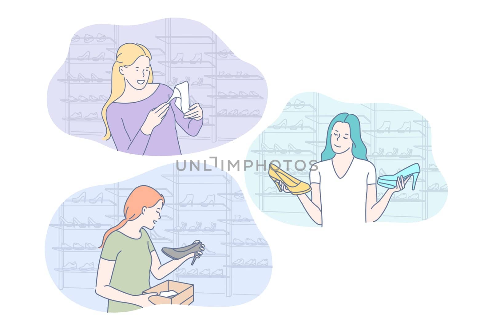 Shopping, choice, footwear, sale set concept. Woman holds shoe from new collection in shop. Girl takes footwear on sale. Consumer goes shopping. Choice between two stylish shoes. Simple flat vector.