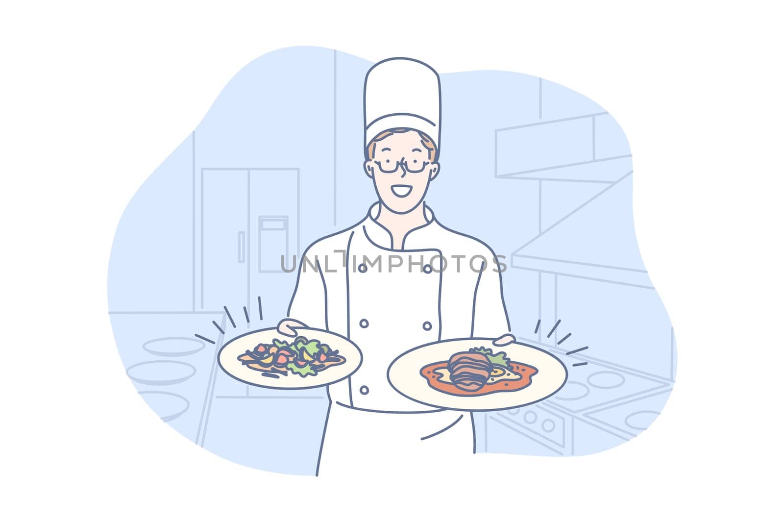 Restaurant, cooking, dish, presentation concept, Young man chef is standing in restaurant kitchen, holding two delicious dishes from new menu. Happy boy cooker offers degustation. Simple flat vector
