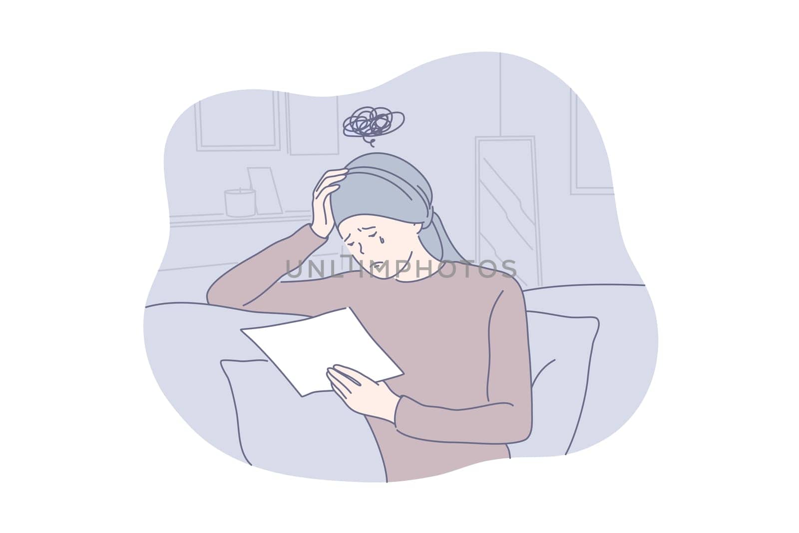 Depression, frustration, bad diagnosis concept. Depressed, frustrated woman is crying because of bad news, sitting on couch is hospice and reading chemiotherapy result. Depression raises stress level.