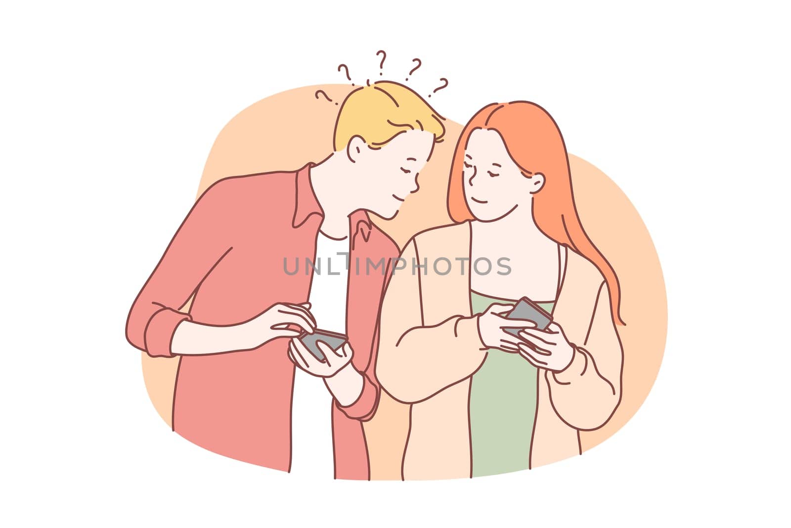 Social media or network, distrust, curiosity concept. Man and woman or couple use mobile phone for sitting online in social media. Boyfriend is spying and curious about girlfriends private life.