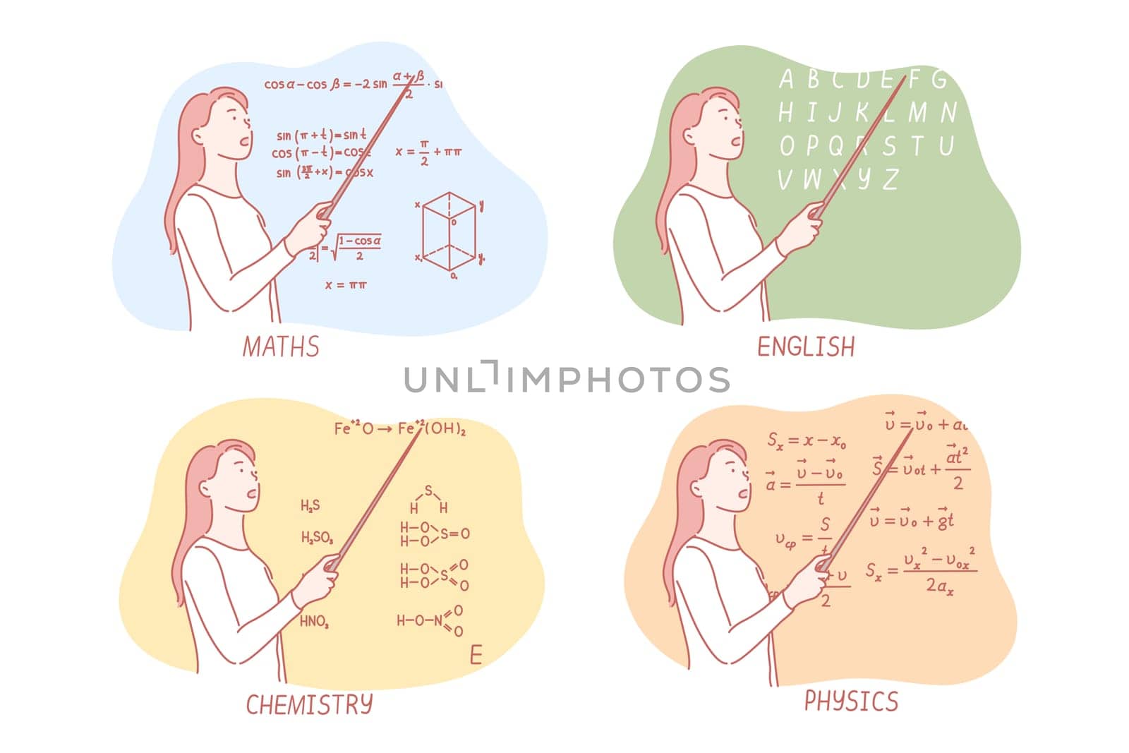 Teaching school subjects set concept, Young woman teaches maths at school. Teacher explains chemistry at college. Girl illustrates physical formulae at university. Female expounds english alphabet.