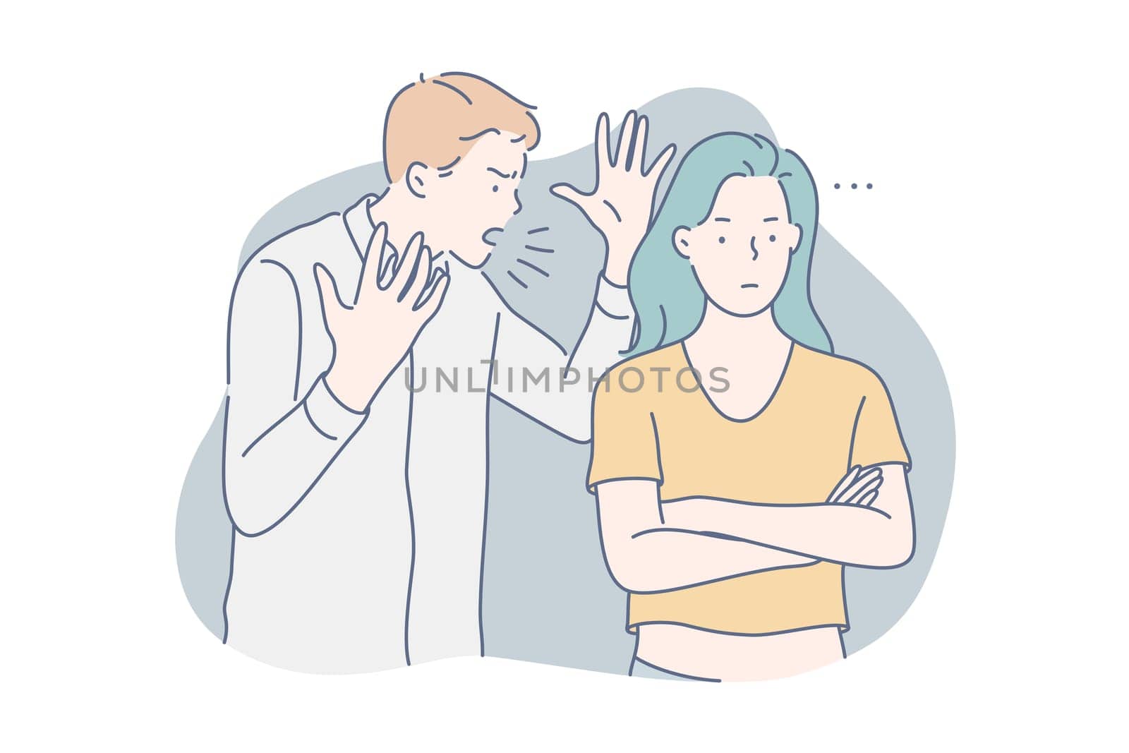 Quarrel, shouting, ignorance concept. Couple is quarreling. Jealous boyfriend shouts or yells at his girlfriend. Pensive woman ignores angry man and thinks about problem or trouble. Simple flat vector