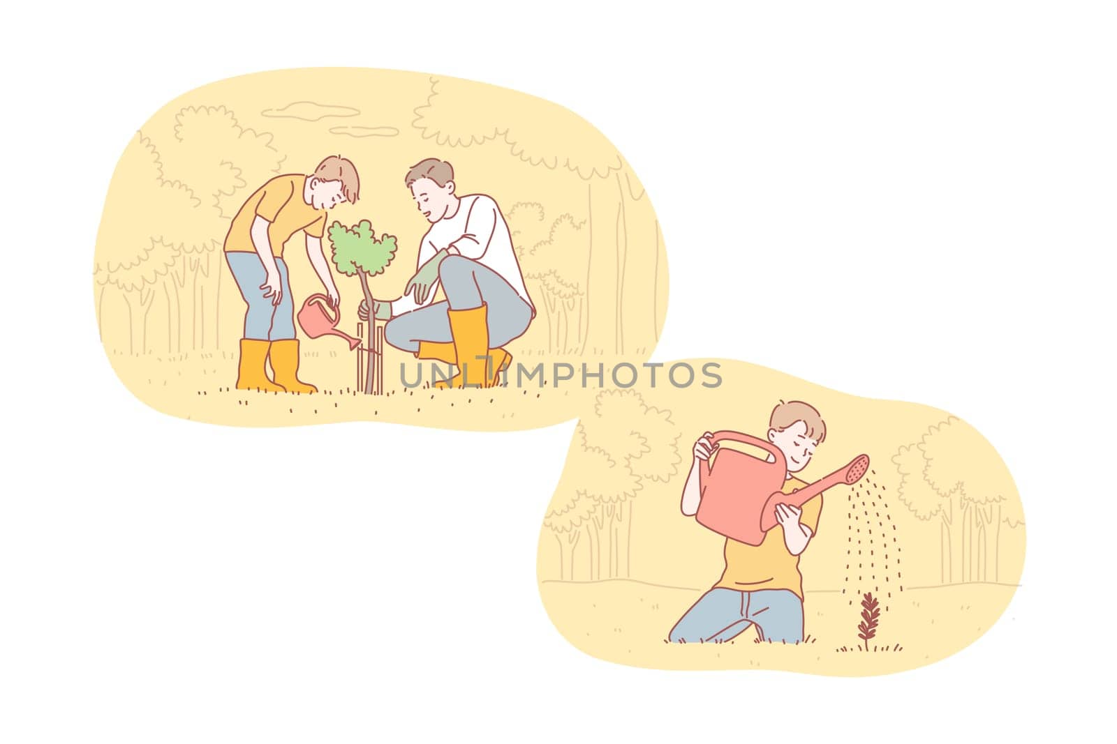 Greening, fatherhood, childhood, care set concept. Father and son do teamwork, planting tree together. Man and boy are greening park or garden. Child is pouring little plant. Simple flat vector