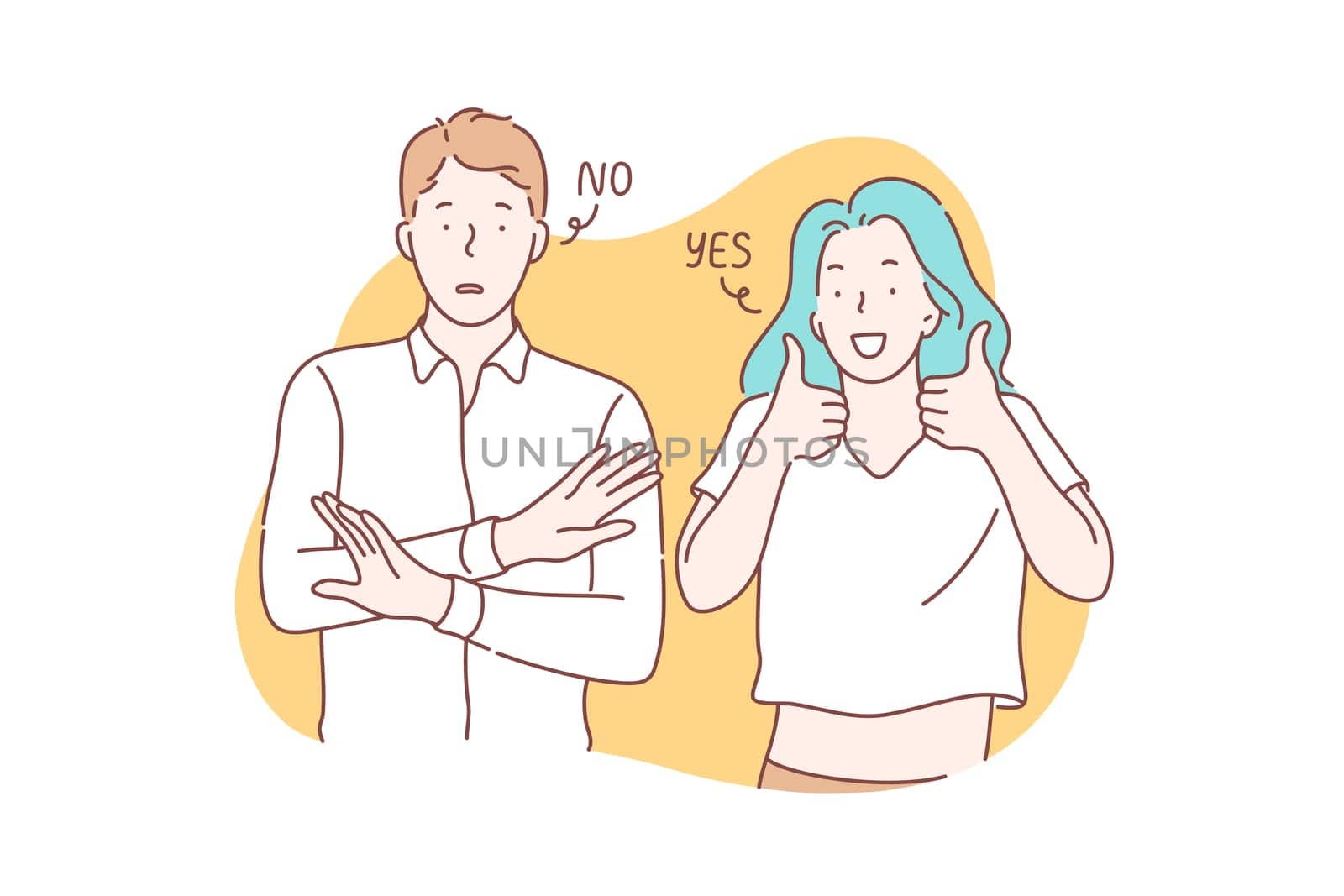 Yes or no concept. Young couple shows opposite emotions. Frightened man or boy is showing stop sign and saying no. Happy woman or girl demonstrates approval, says yes and puts like. Simple flat vector