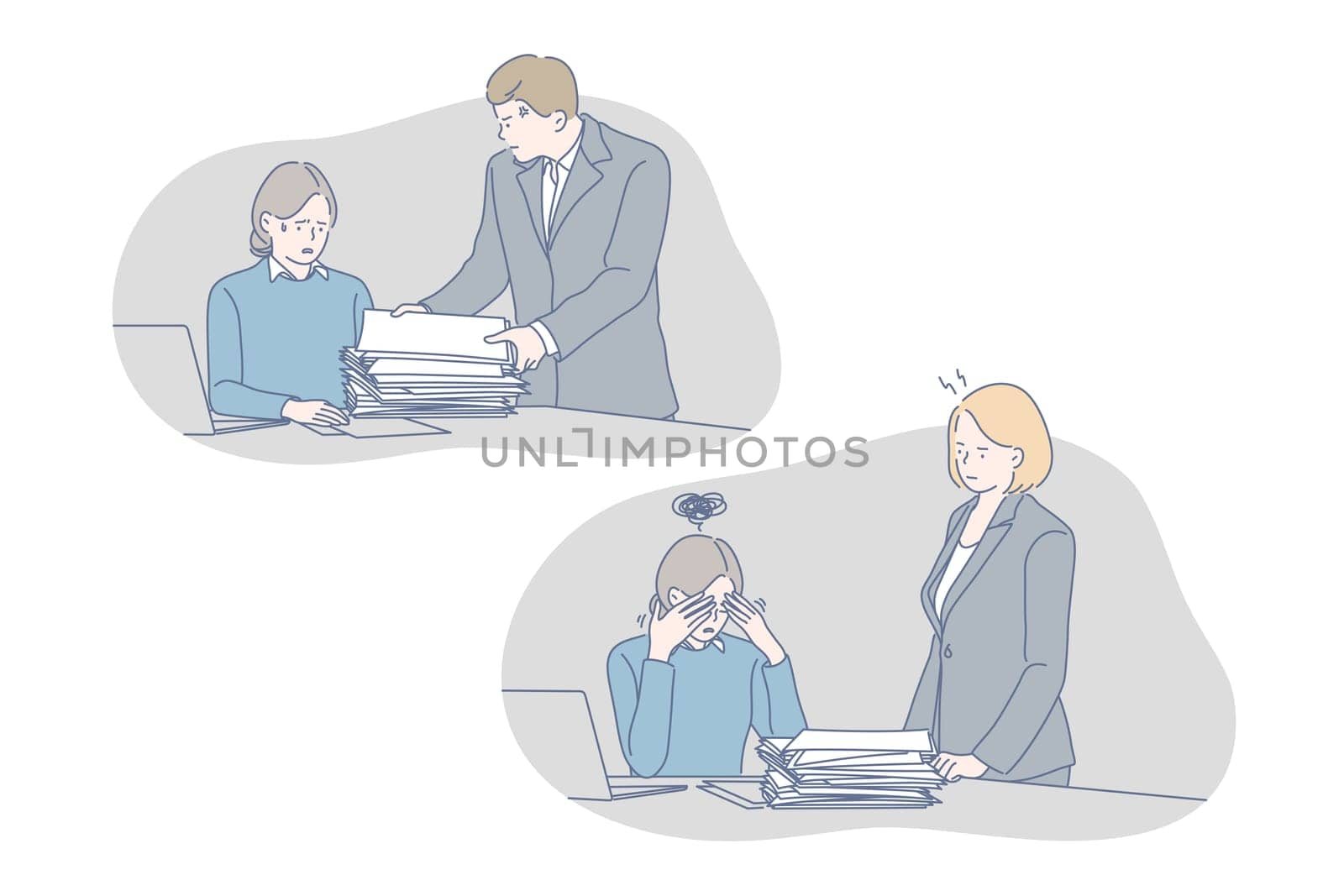 Stress, depression, work load, frustration set concept. Woman is frustrated because of many jobs to do. Stressful girl has work load in office. Clerk is given pile of documents. Simple flat vector