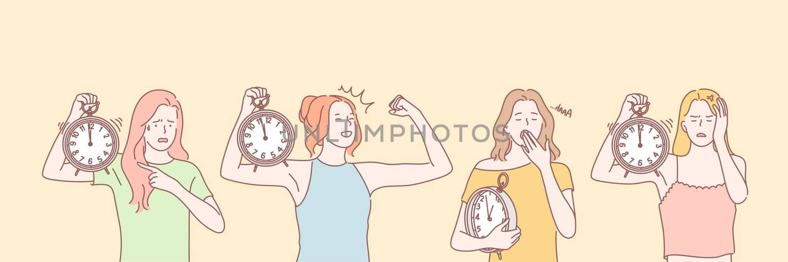 Time management set concept. Young woman uses time management in everyday life. Girl is disturbed by ringing of alarm clock. Sleepy girl with clock is yawning. Female overslept and now worrying.