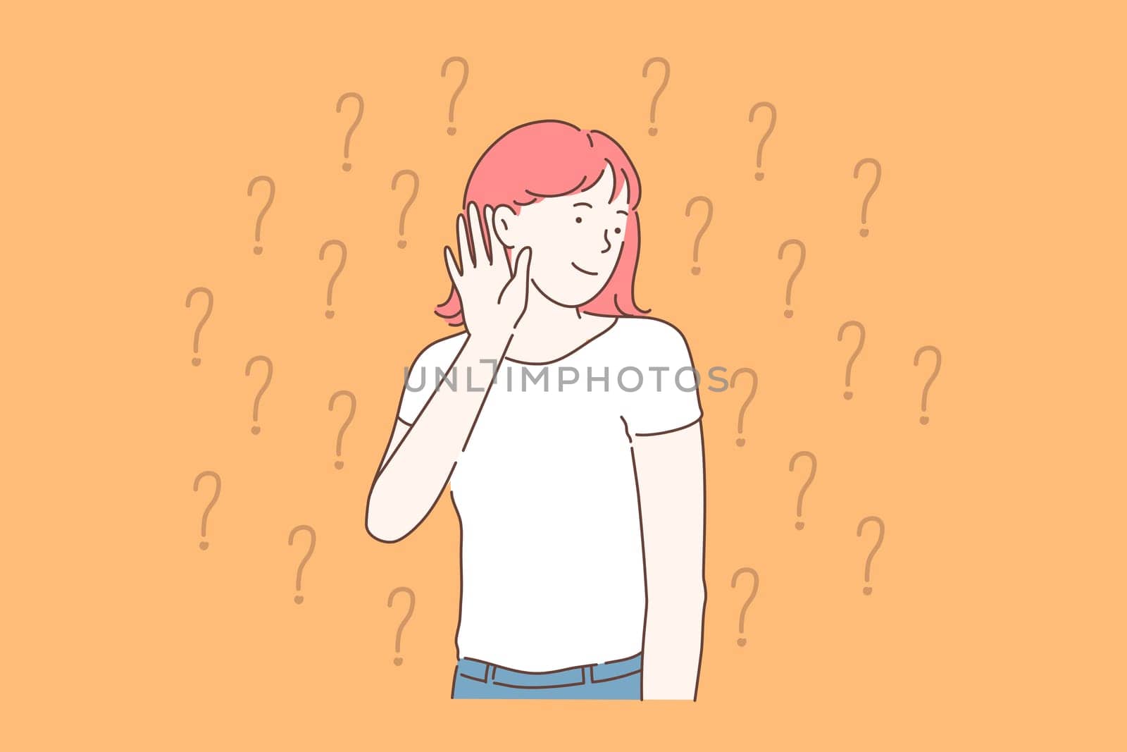 Curiosity, gossip, deafness concept. Young woman overhears the latest news with great interest. Interested student girl listens to the answer or hint. Simple flat vector.