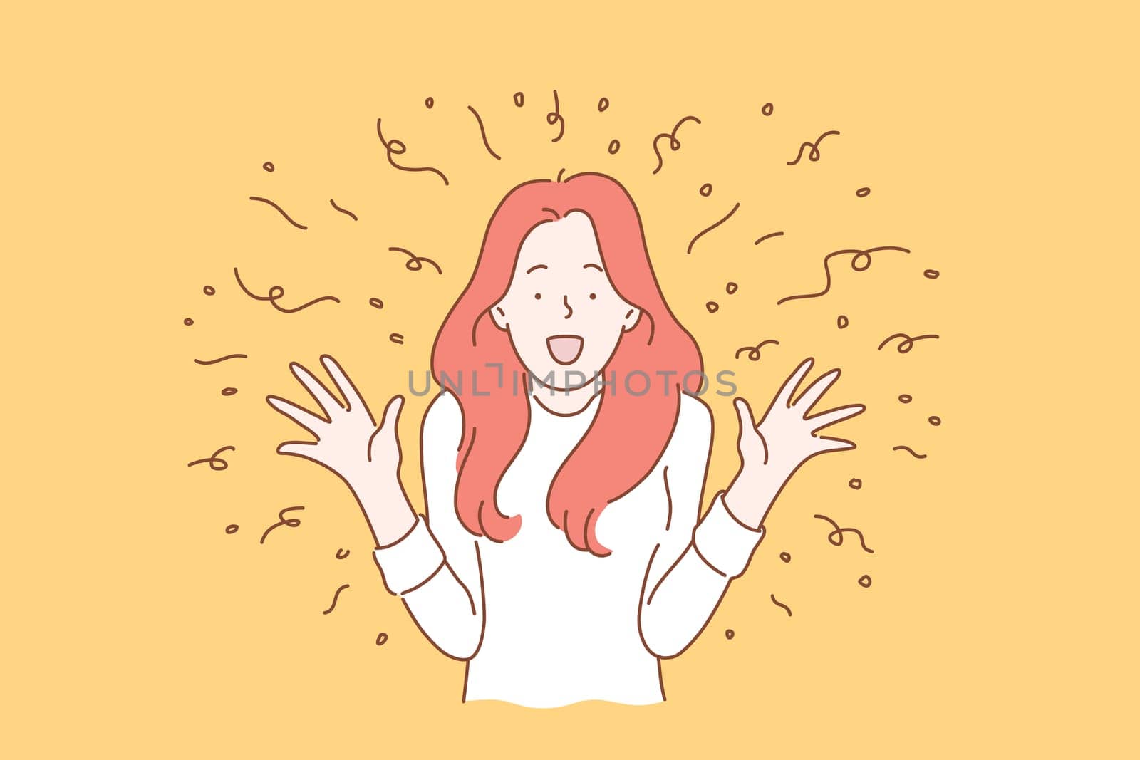 Wow effect concept. A girl with a surprised face takes a gift or a surprise. Excited screaming young woman. Simple flat vector.