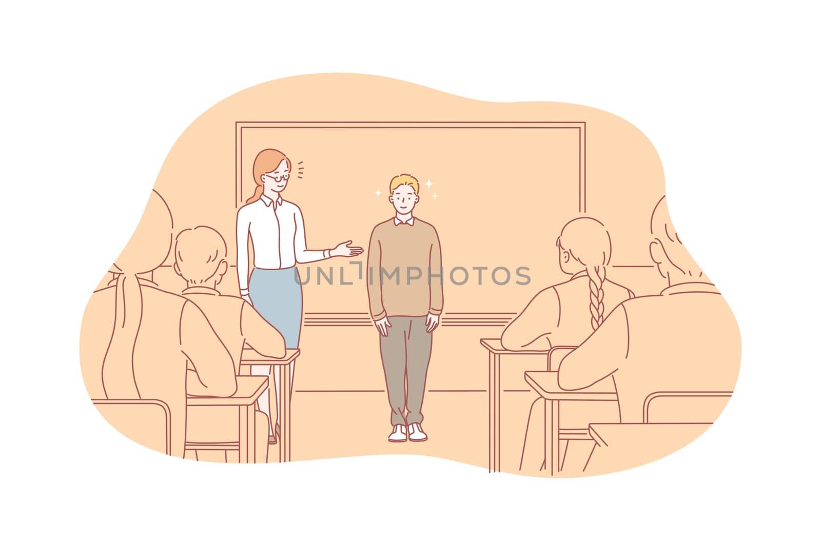 Good mark or behavior, honours pupil concept. Young woman introduces new pupil to his classmates in school. Hardworking boy is happy to be praised for good marks or behavior. Simple flat vector