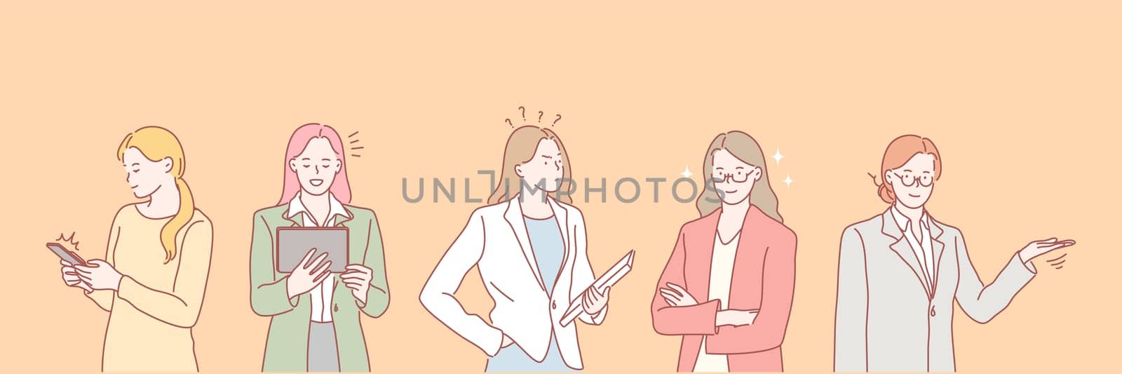 Businesswomens work set concept. Businesswoman communicates in social media or network using mobile phone. Girl is giving promotion. Pensive female thinks about difficult question. Simple flat vector