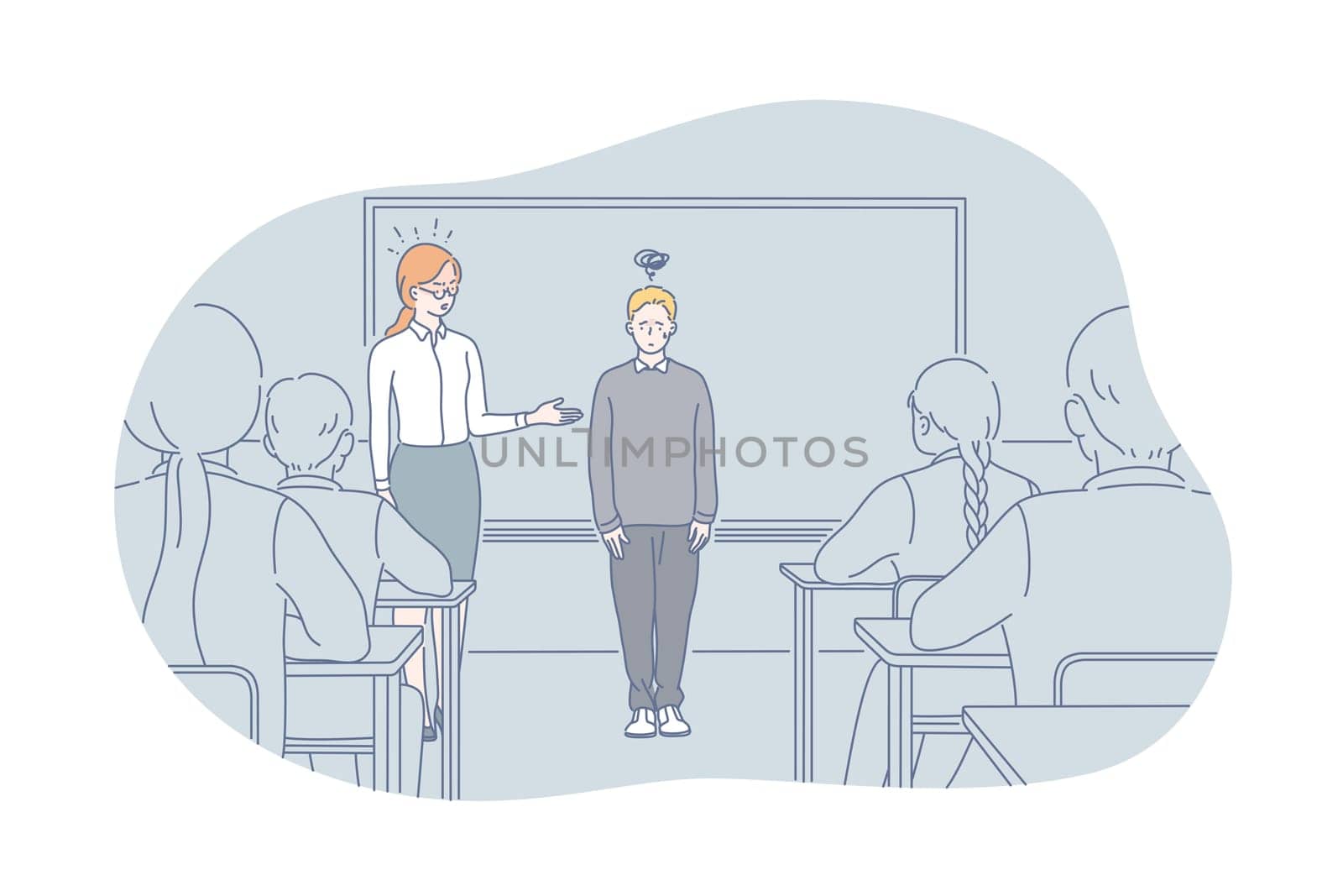 Bad mark or behavior, loser concept. Boy loser is frustrated because teachers yelling. Woman shouts at pupil for bad marks and behavior in school. Angry girl abuses depressed kid. Simple flat vector.