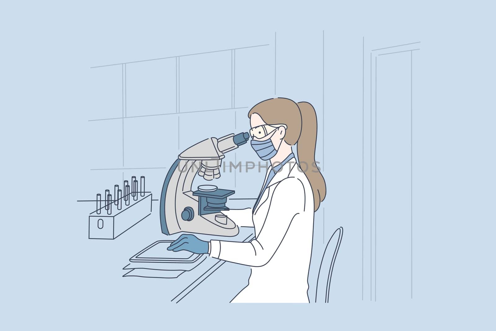 Health, science, medicine concept. Young woman conducts medical research using a microscope in the laboratory. Scientist examines cells of the virus. Simple flat vector.