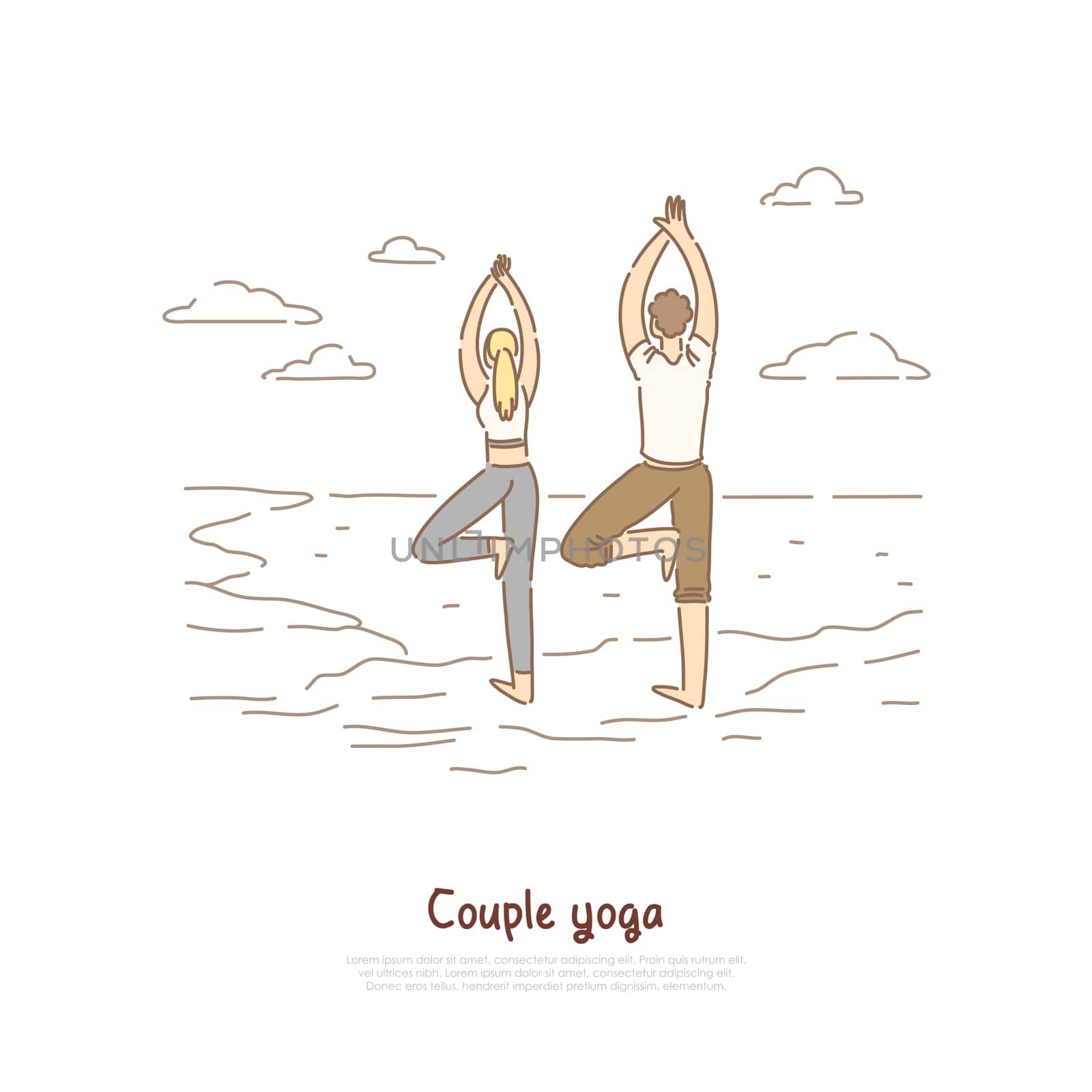 Young man and woman in sportswear standing in tree posture, concentration exercise, pilates class banner. Couple yoga on beach, healthy lifestyle concept cartoon sketch. Flat vector illustration