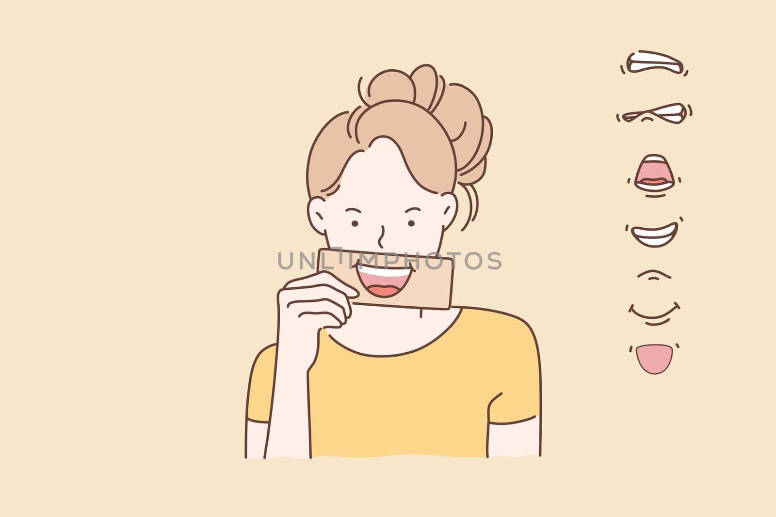 Change of mood, emotional intelligence concept. A young girl or woman demonstrates different emotions fear, anger, discontent, joy, delight, laughter, happiness.