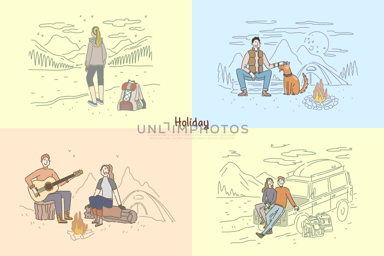 People on holiday vacation, couple camping, friends road trip, backpacking, lonely travelers banner template. Trekking, hiking, nature exploring concept cartoon sketch. Flat vector illustration