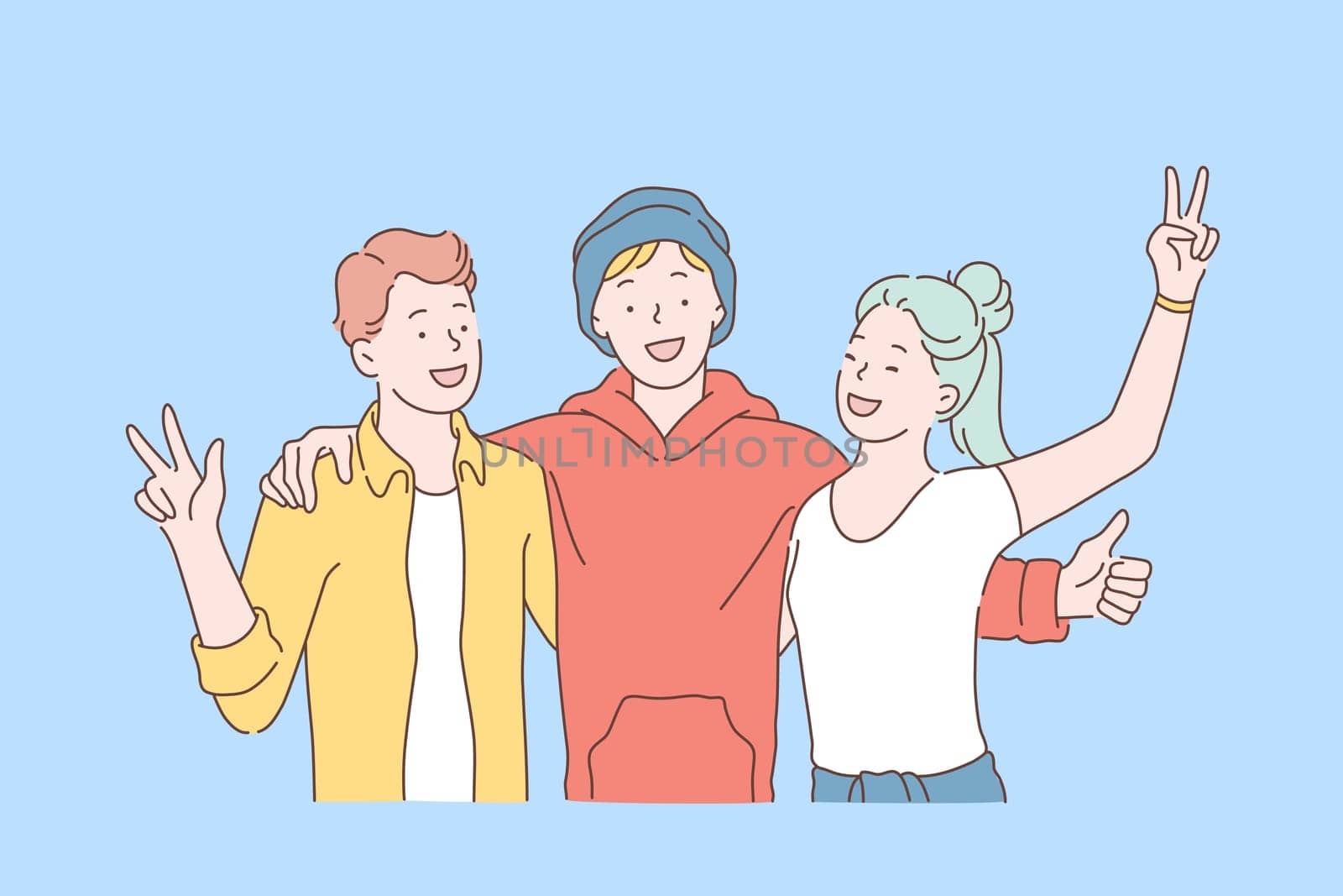 Friendship day, team, cooperation concept. Happy school friends or teens schoolmates hugging together. Young girl and guys raised their hands with peace sign. Simple flat vector.
