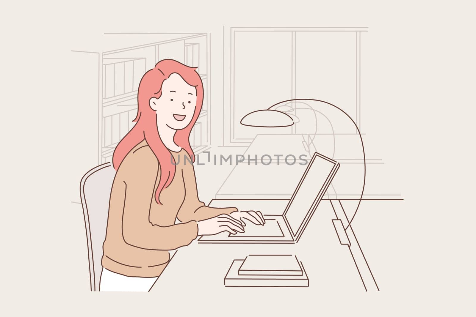 Work, education, freelance concept. Happy businesswoman or girl working on a laptop in the office. A young student in the library studying information for a test or exam. Simple flat vector.