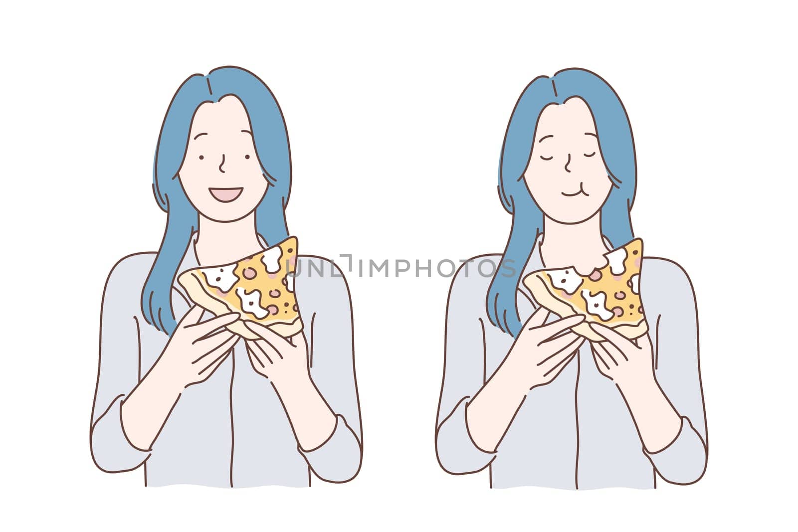 Lunch, fastfood, hunger, meal concept. Young satisfied hungry woman or girl eating pizza in coffee shop or office during break. Cheerful student or pupil in a good mood has breakfast between classes. Simple flat vector.