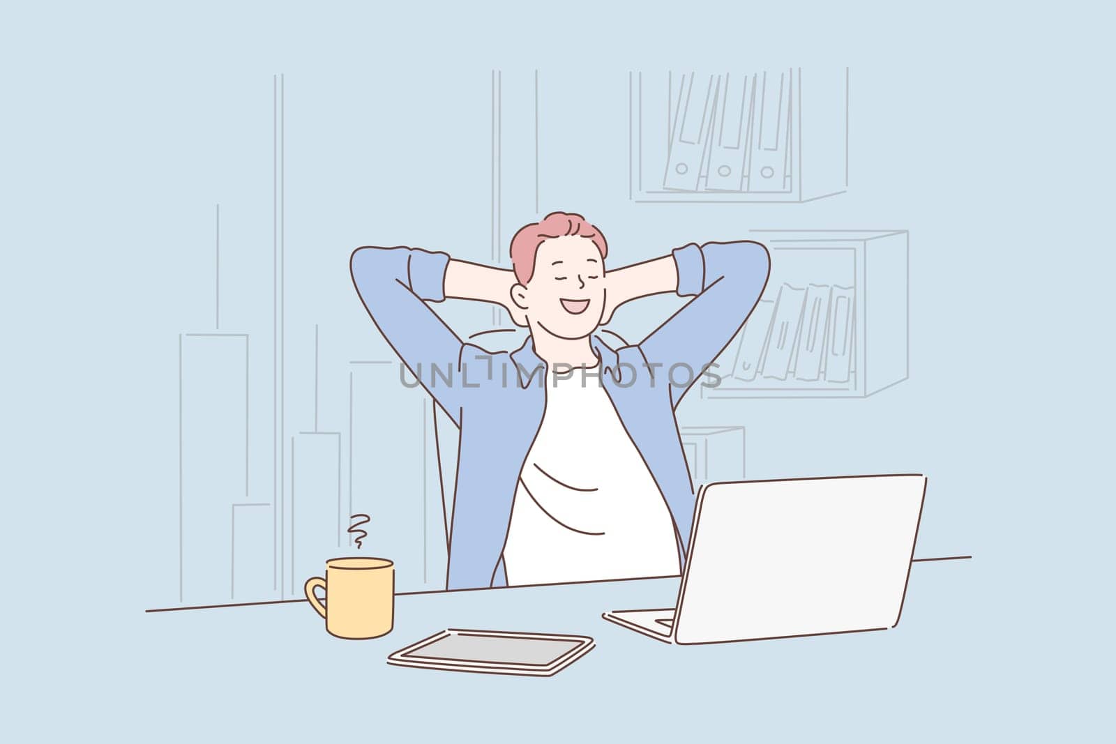 Freelance, passive income concept. Happy young boy or man working on laptop while sitting at his working place in office. Satisfied with work done. Simple flat vector.
