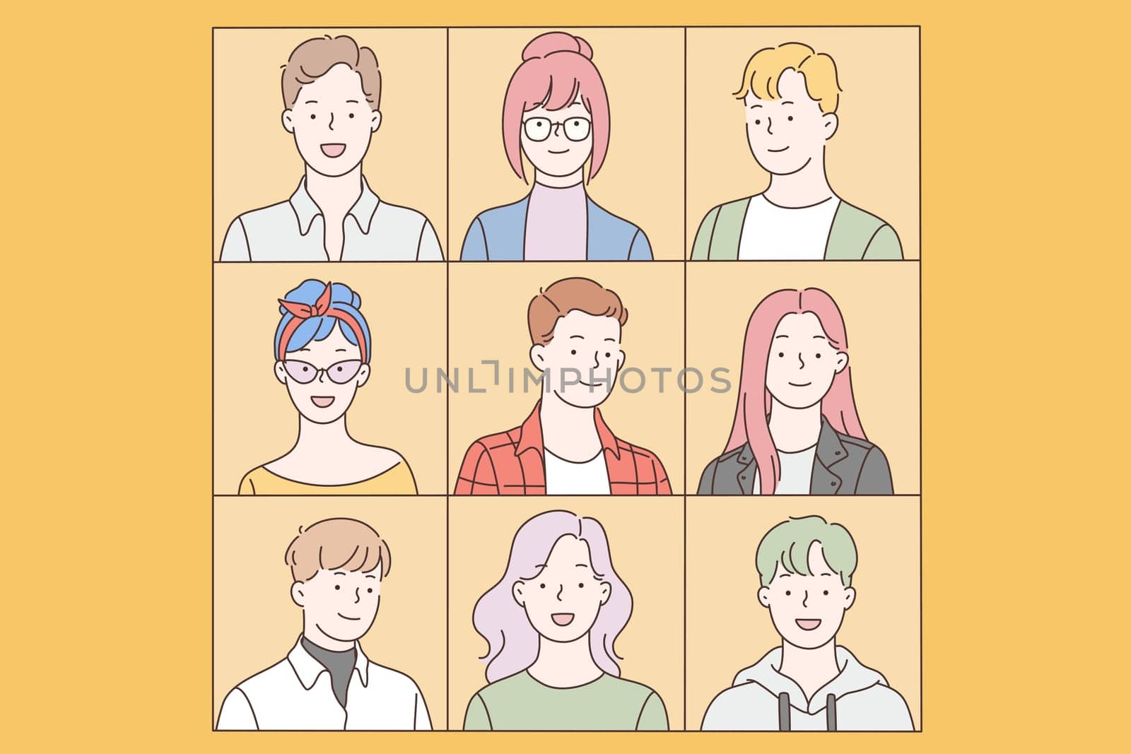 Collage, collection, variety, people set. Selection of a diversity of emotional male and female faces portraits. Young happy men and women, students or colleagues in a joint photo. Simple flat vector.