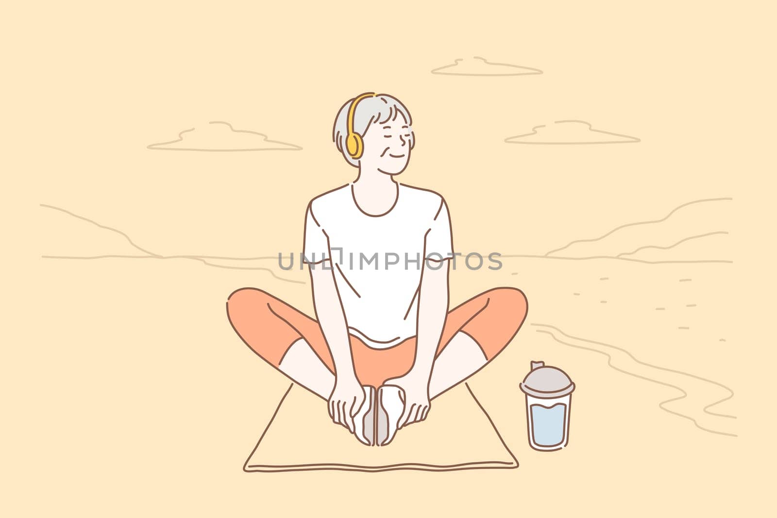 Elderly, relaxation, lifestyle, health concept. Happy elderly woman enjoys the peace of doing yoga in nature. Senior lady smiling doing exercises and listening to music. Simple flat vector.