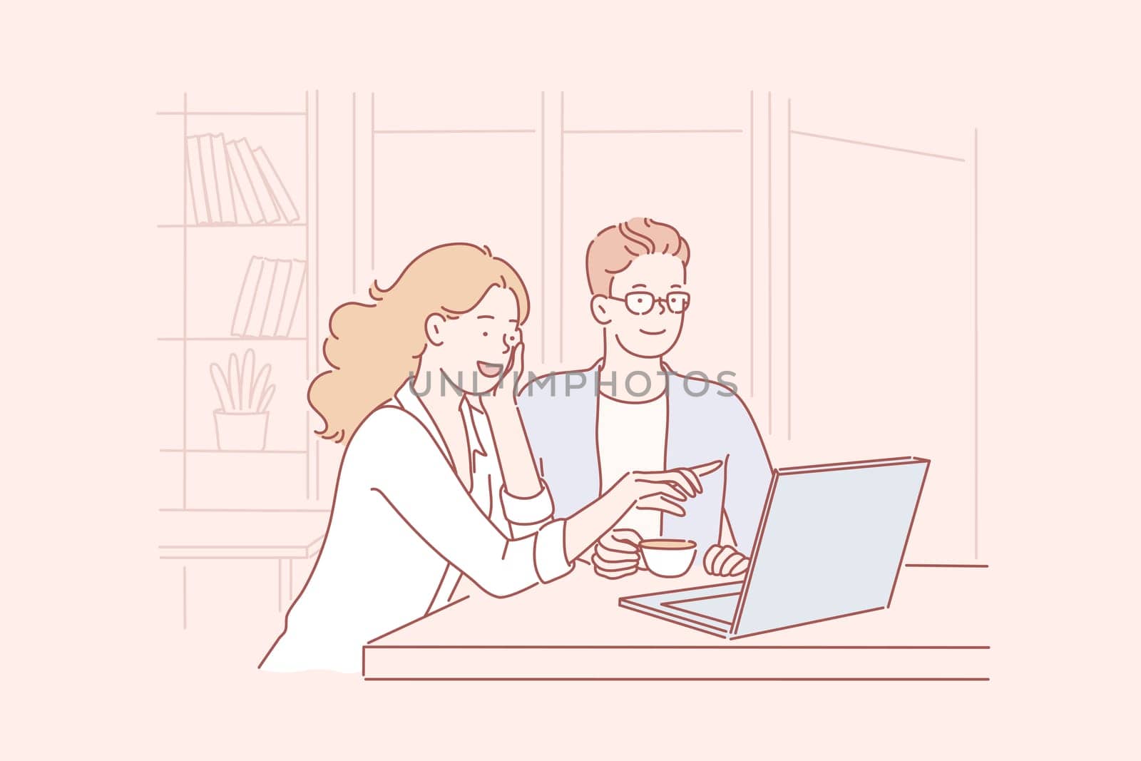 Startup, cooperation, business, online store concept. Young businessmen and businesswomen colleagues or partners discuss a new project in the office. Happy smiling Man and woman couple or family decide questions about shopping. Simple flat vector.