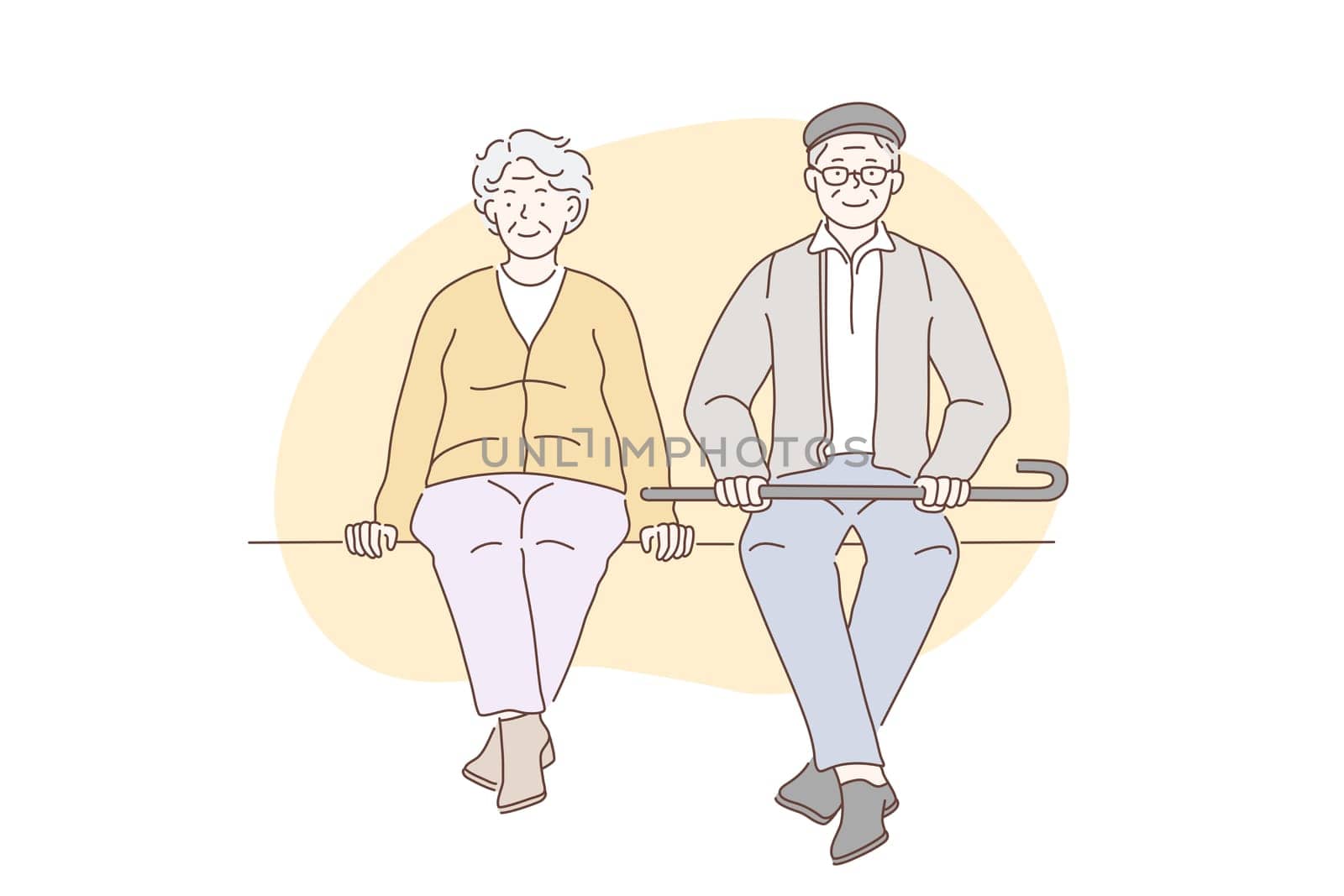 Pensioners, grandparents, older people concept. Older happy men and women enjoy sitting in parks. Elderly couple sit waiting to meet grandchildren. People in love. Simple flat vector.