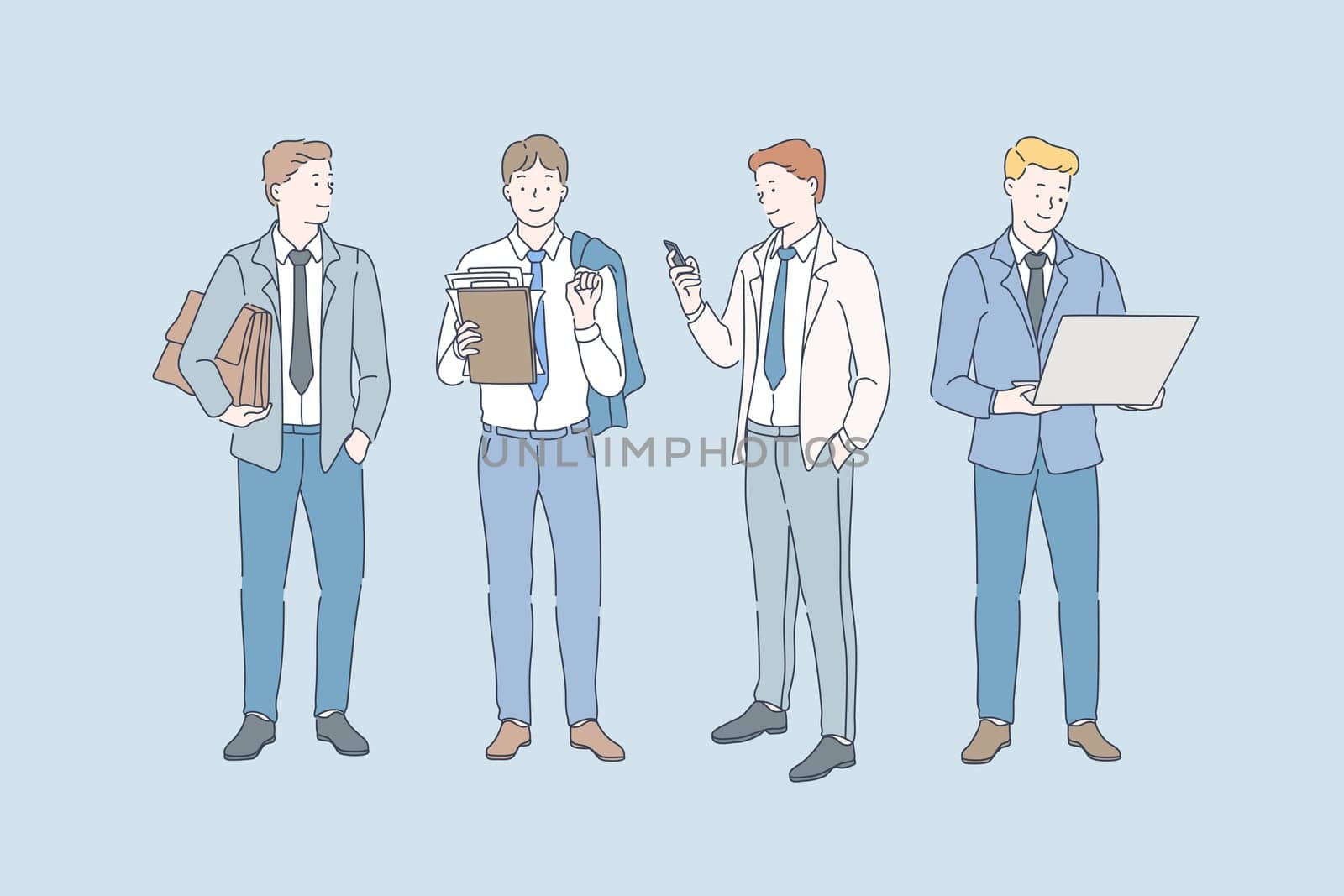 Business, career, job, concept. Set of a young, happy and smiling businessmen or business people. Collection of various businessman working in the office.
