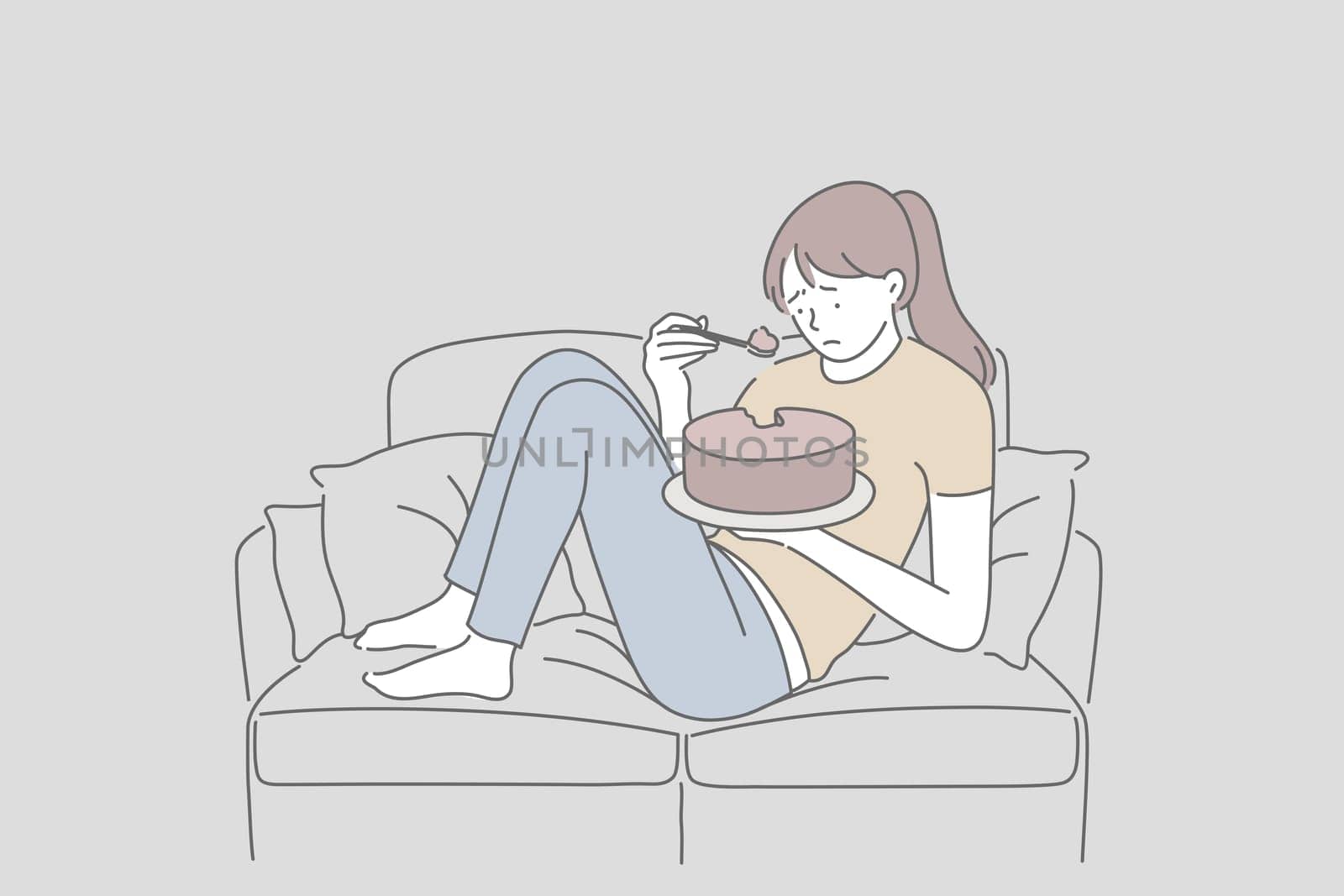 Depression, mental health, stress concept. Upset sad young woman or girl eating cake, sweets, fastfood. Unhappy lady or student in a bad mood or on the verge of a psychological breakdown alone takes food. Simple flat vector.