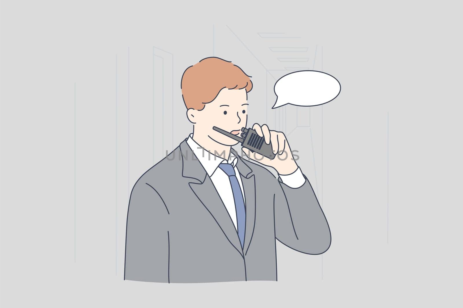 Security, work, concept. Young man or guy safeguard cartoon character using walkie talkie communicating with colleagues securing luxury property controlling perimeter. Safety provision illustration.
