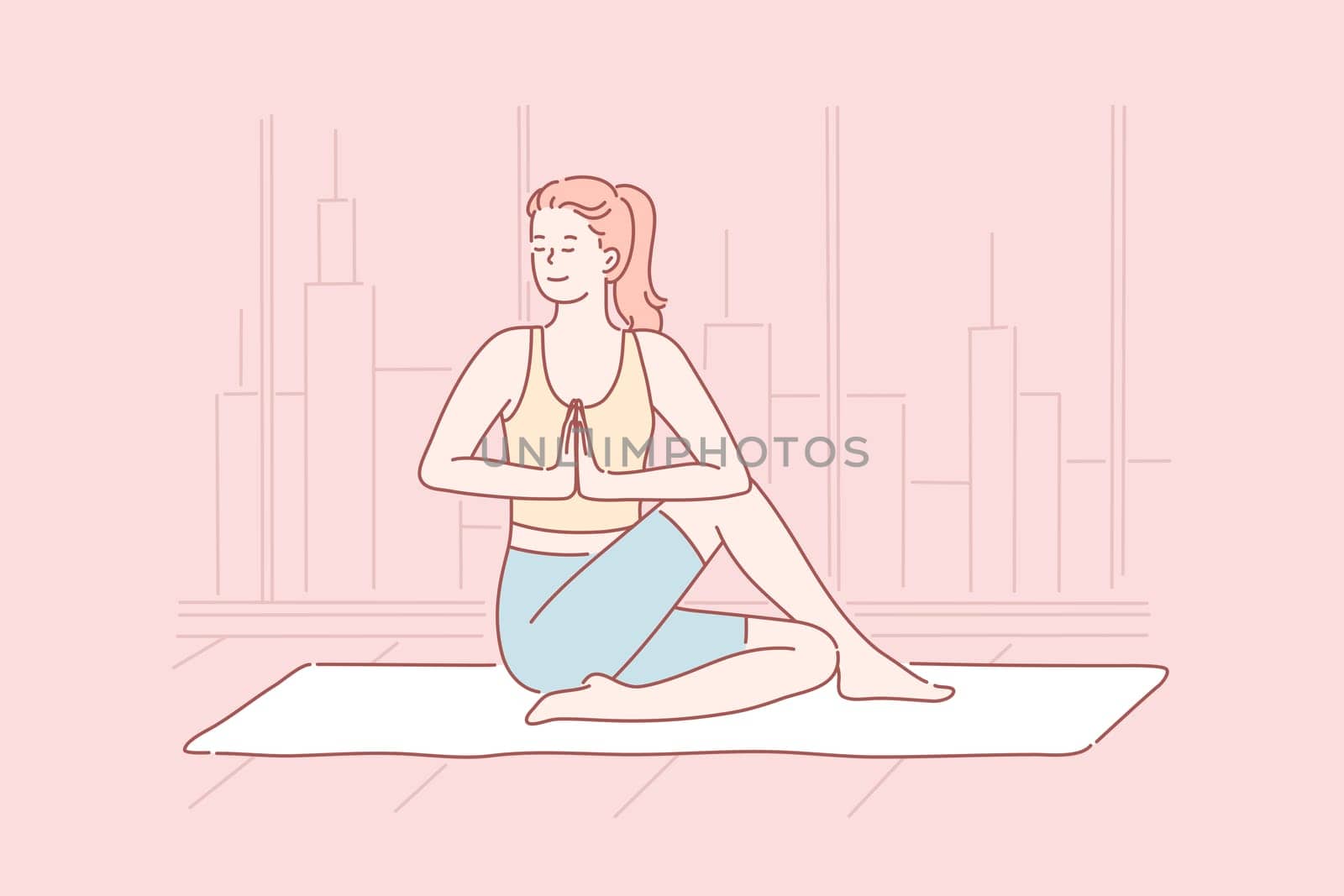 Yoga, mental health, relaxation concept. Young happy athletic woman or yogi girl doing exercise. Lady coach in a good mood trains fitness, pilates, gymnastics. Peace, pleasure, lifestyle. Simple flat vector.