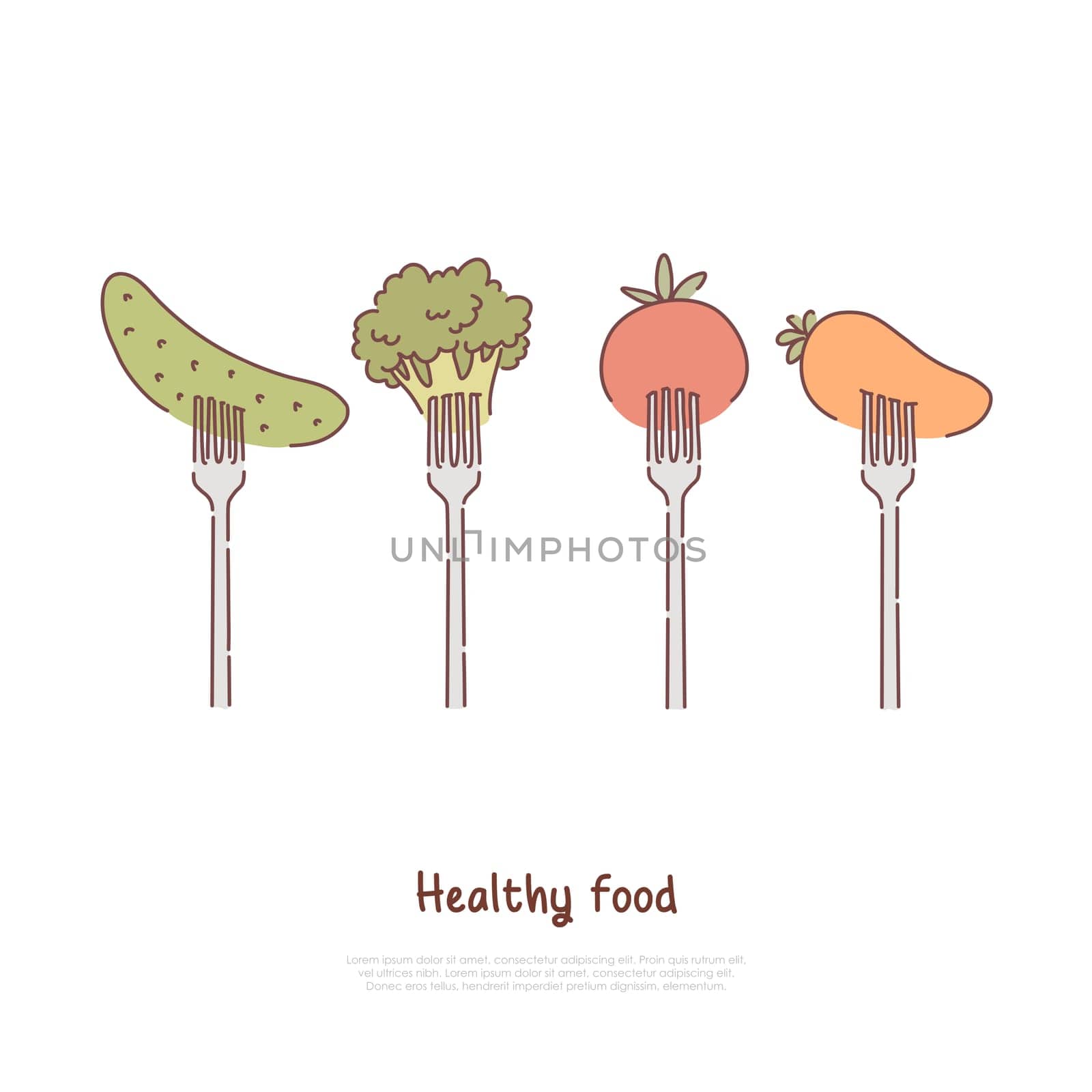 Healthy food, eating, raw and steamed vegetables, cucumber, broccoli, tomato, carrot on forks banner. Vegetarian cafe menu, farmers market concept cartoon sketch. Flat vector illustration