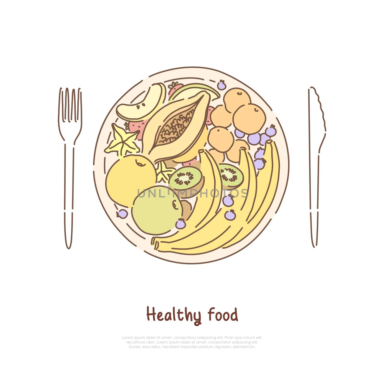 Fruit salad in plate, exotic kiwi, tangerine, carambola slices, raw apples, tropical bananas banner template. Healthy meal, dessert, organic food concept cartoon sketch. Flat vector illustration