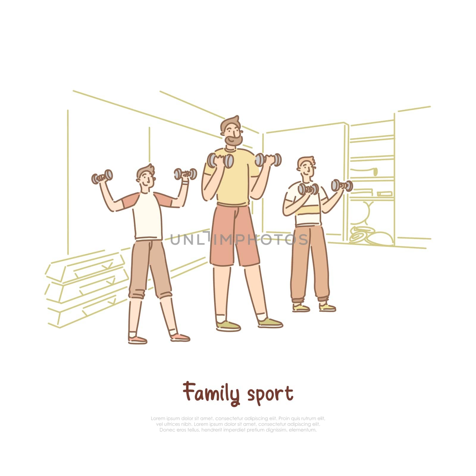 Family sport, father with sons lifting weights, healthy lifestyle, parent and kids training in gym banner template. Sportsmen exercising, doing fitness concept cartoon sketch. Flat vector illustration
