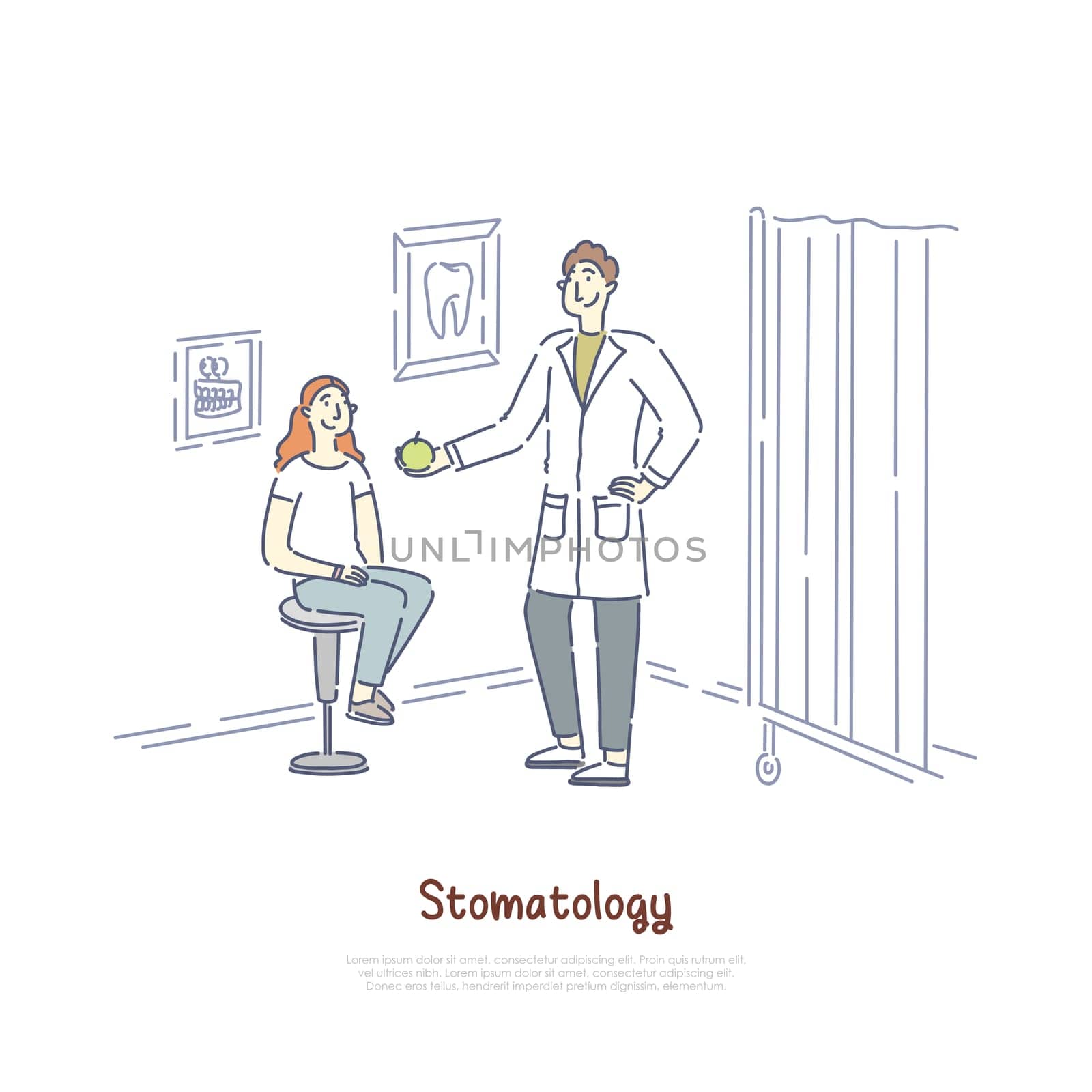 Dentist gives patient teeth care advice, doctor holding apple, girl sitting in chair, dental clinic banner. Oral cavity hygiene recommendations concept cartoon sketch. Flat vector illustration
