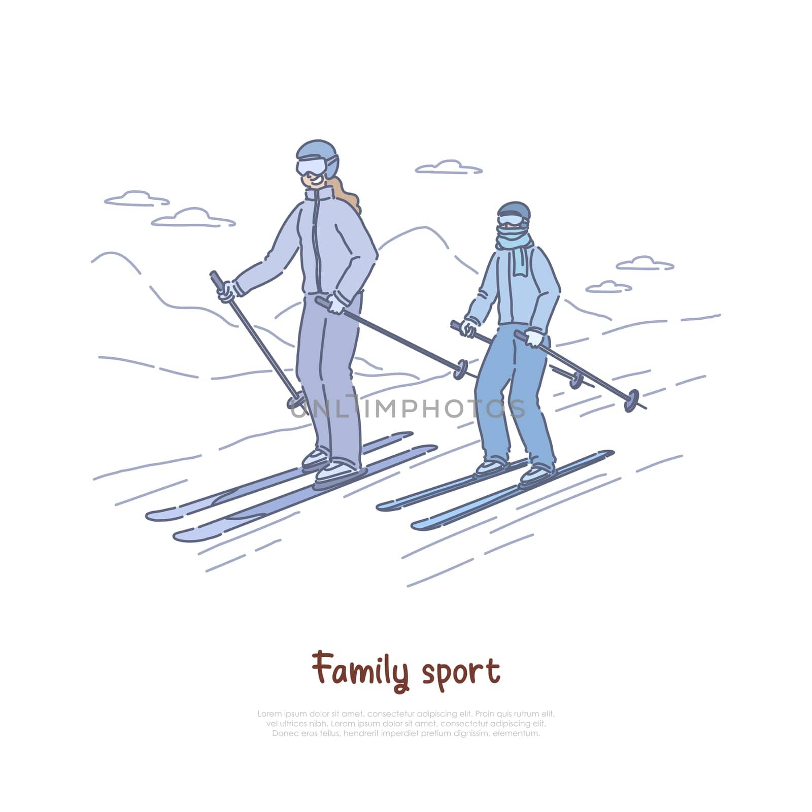 Happy mother with child skiing together, active recreation, holiday vacation, outdoor leisure, ski resort banner. Family winter sport activities concept cartoon sketch. Flat vector illustration