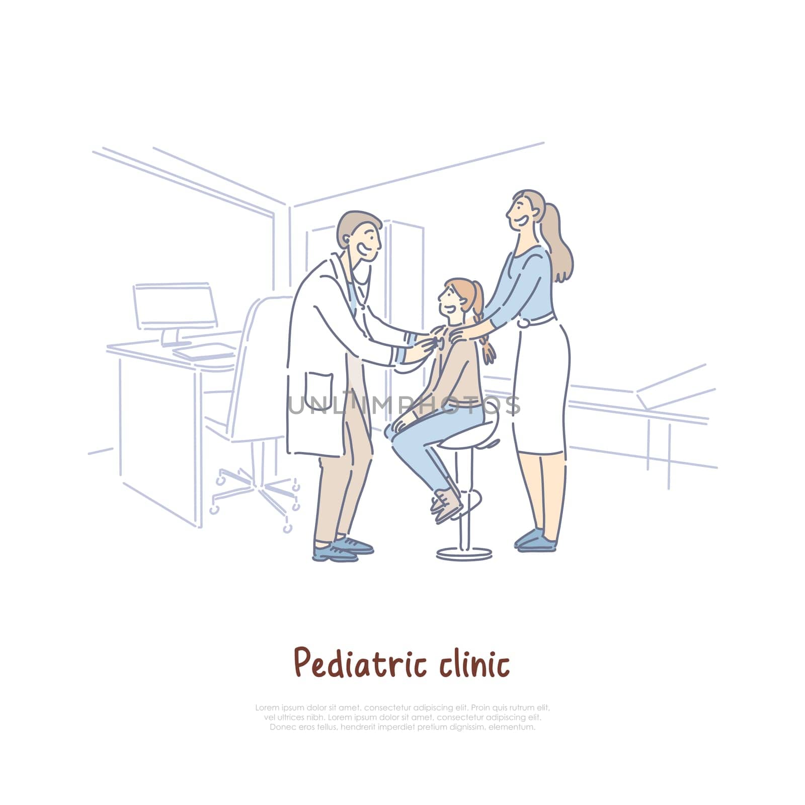 Mother with daughter at children hospital, visit to pediatrician, doctor with stethoscope, pediatric clinic banner. Doctor checking girl health concept cartoon sketch. Flat vector illustration