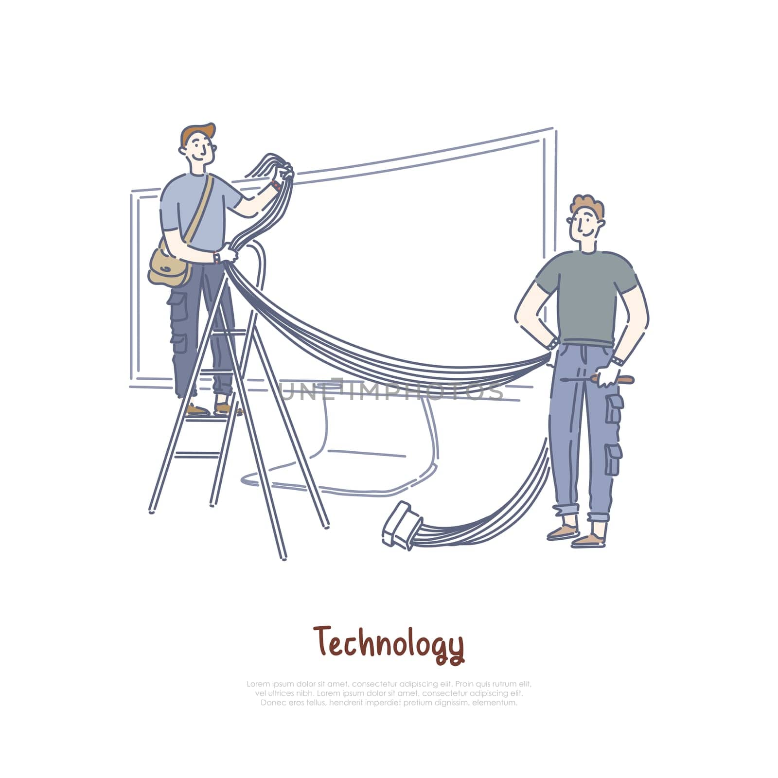 Technicians connecting wires and cables, smart TV technology, Internet television, widescreen monitor banner. Video hosting, streaming equipment concept cartoon sketch. Flat vector illustration
