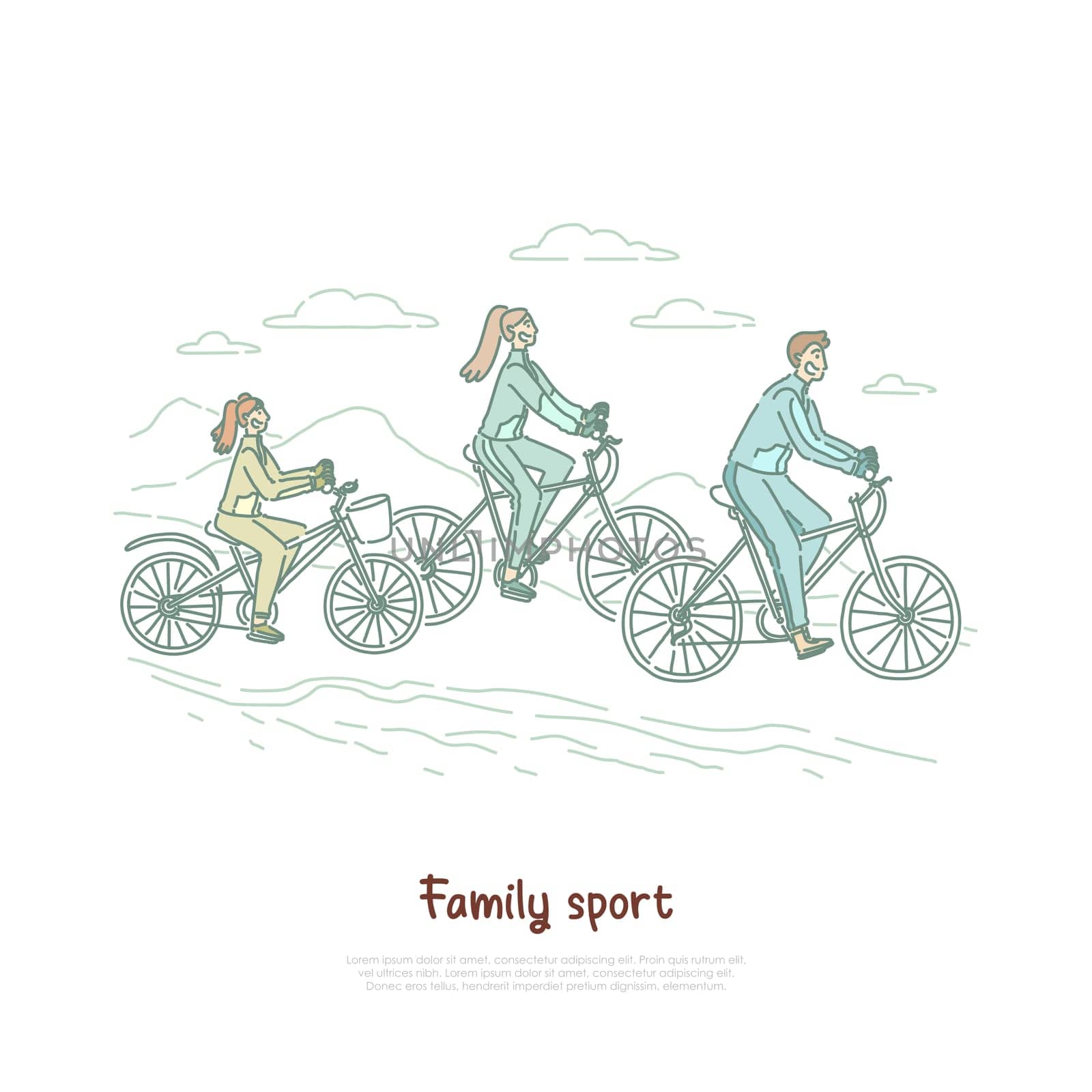 Mother, father and daughter ride bicycles, sport recreation, little girl training with parents, family sport banner. Cheerful people cycling together concept cartoon sketch. Flat vector illustration