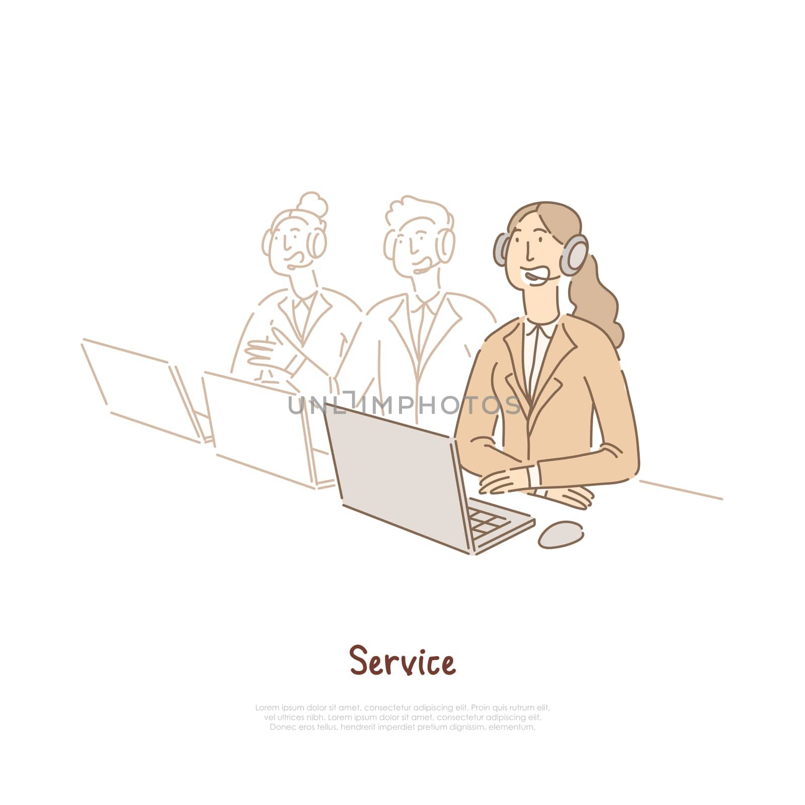 Technical support workers team, assistant in headset, sales manager, customer service, call center banner. Phone operator giving instructions online concept cartoon sketch. Flat vector illustration