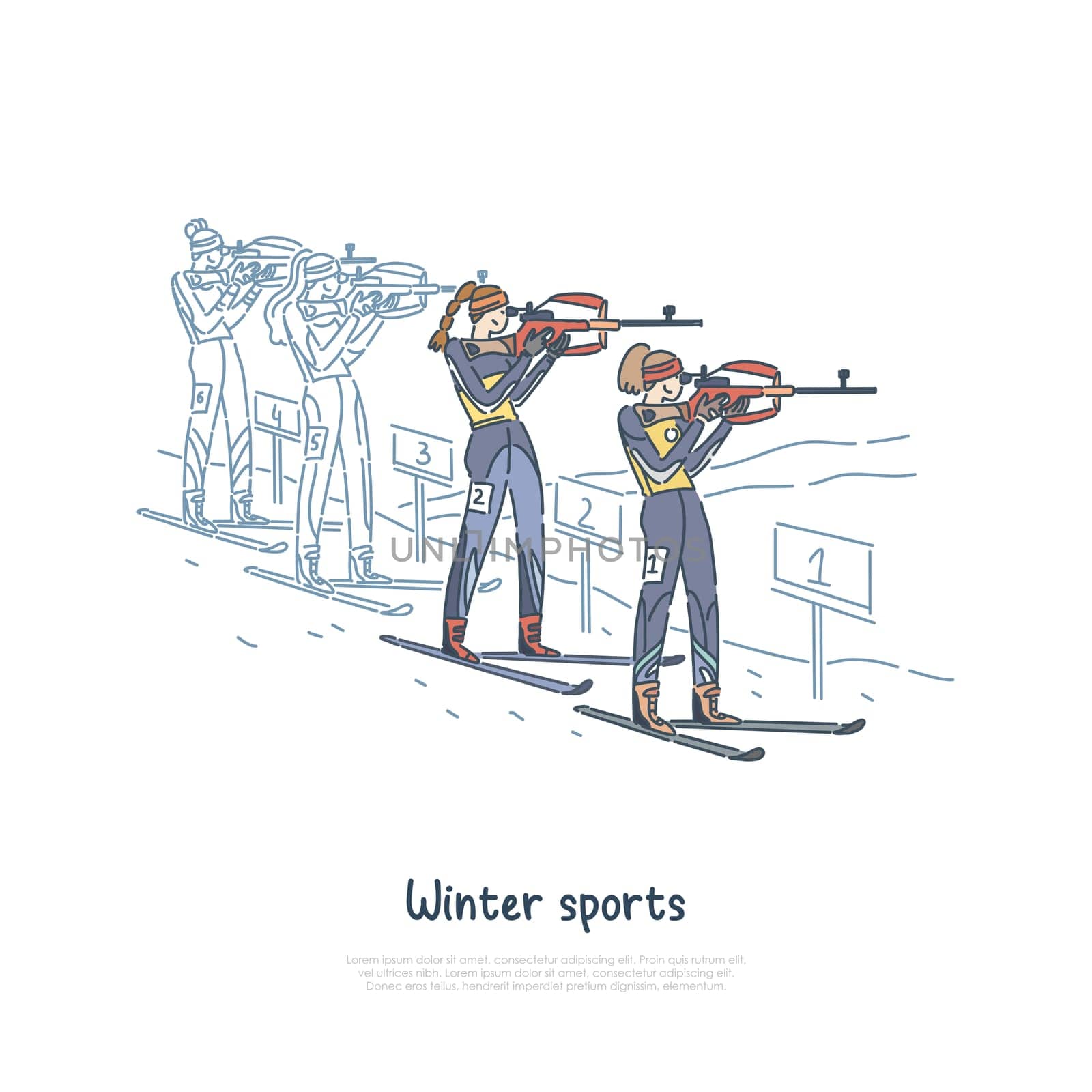 Biathlon race, winter seasonal sport participants, professional sportswoman skiing, shooting banner template. Competition, championship, tournament concept cartoon sketch. Flat vector illustration