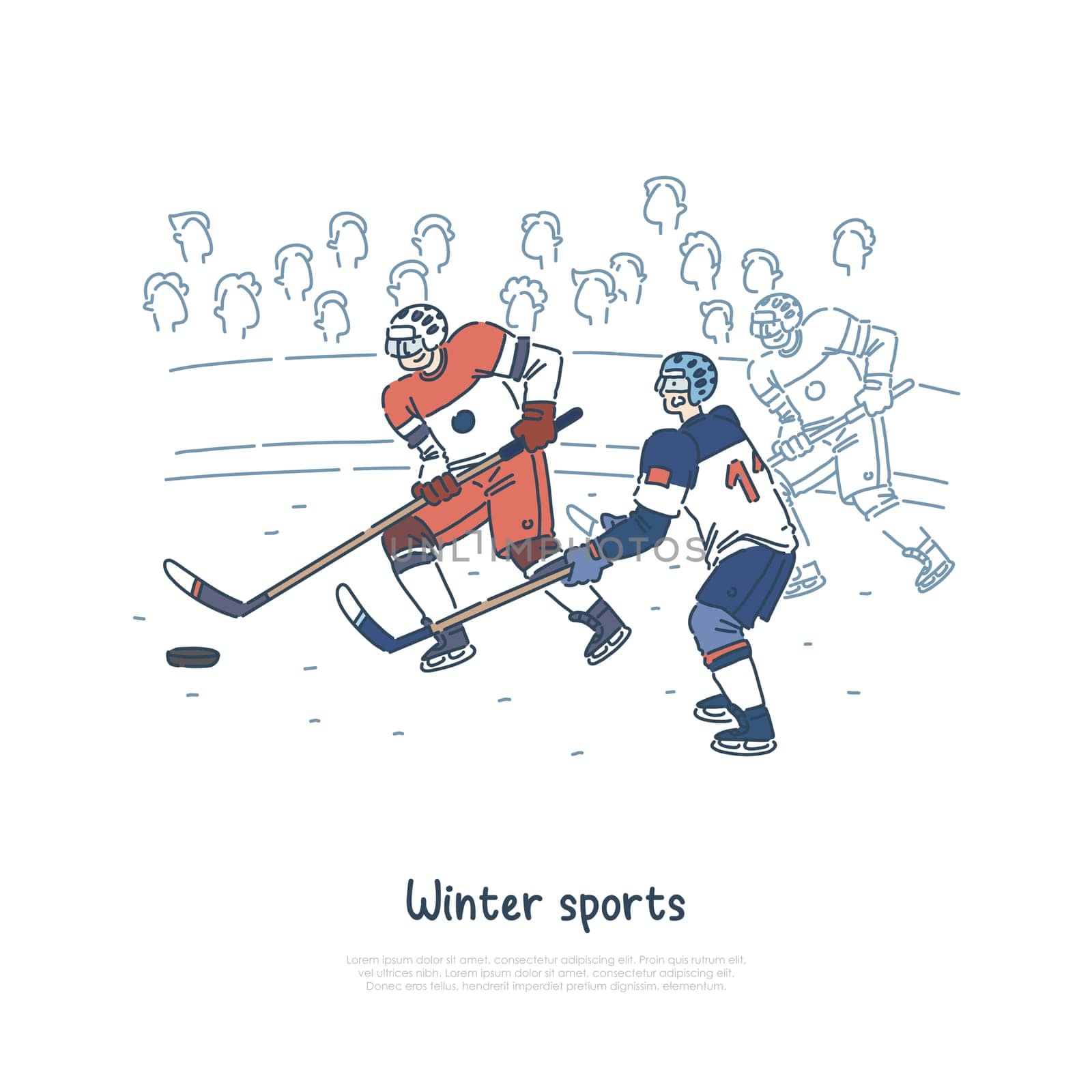 Ice hockey match, professional sportsmen wearing protective equipment, players on rink banner template. Winter sports, stadium with fans concept cartoon sketch. Flat vector illustration