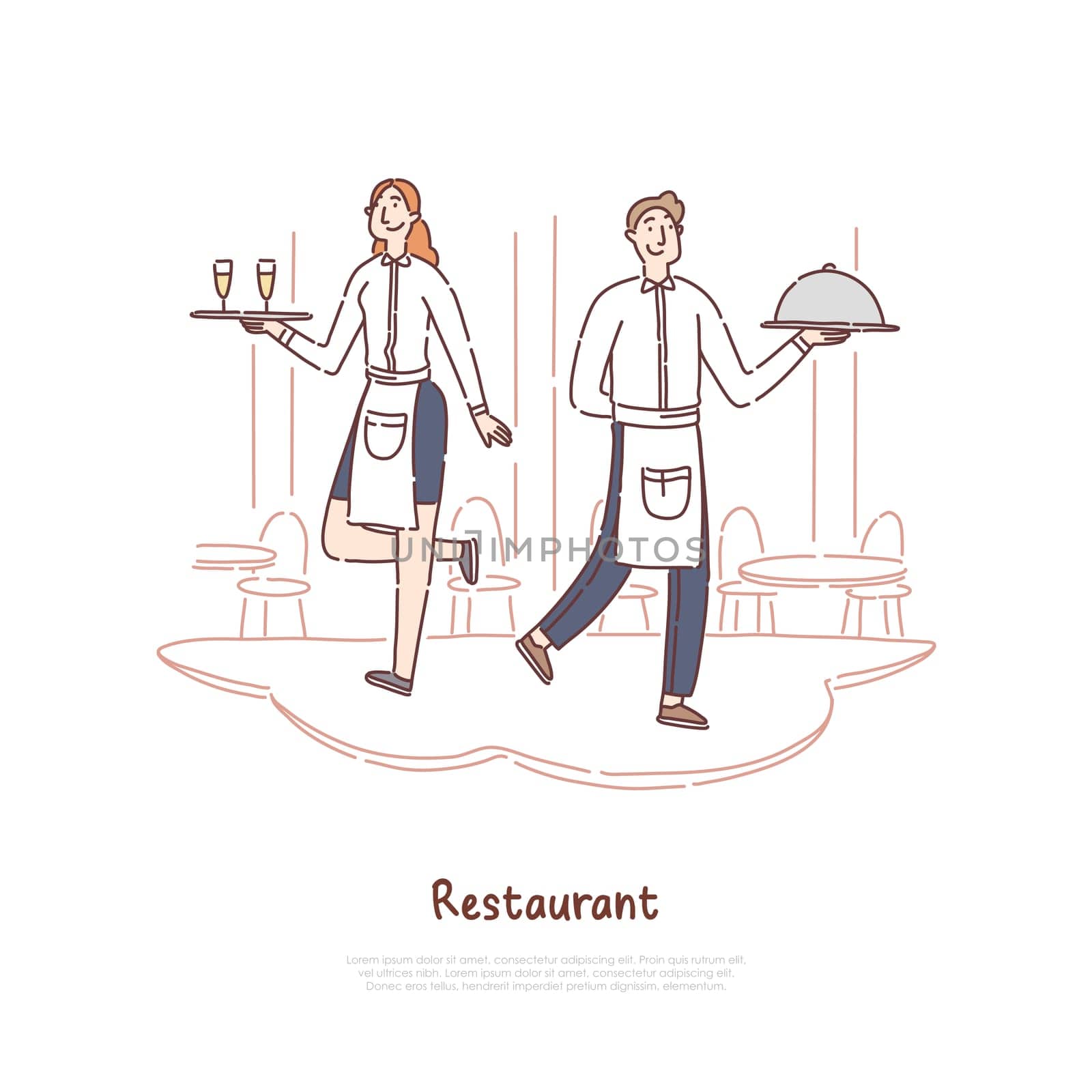 Restaurant staff holding tray with meal and alcoholic drinks, cheerful waiter and waitress serving banner. Catering service, food order delivery concept cartoon sketch. Flat vector illustration