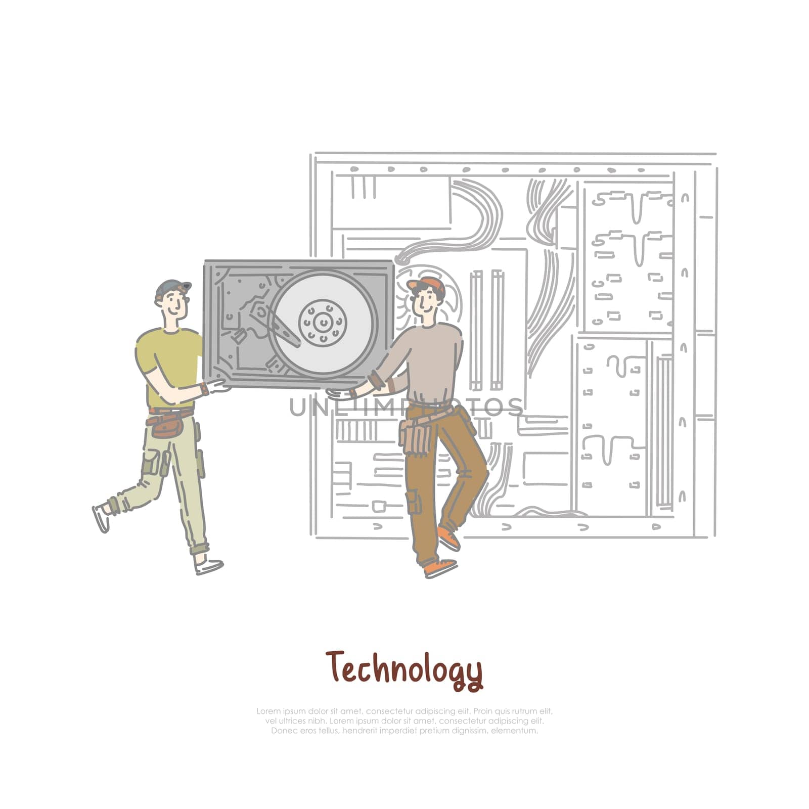 Tiny workers holding hardware part, HDD replacement, technology repair shop, computer maintenance service banner. Hard drive installation process concept cartoon sketch. Flat vector illustration