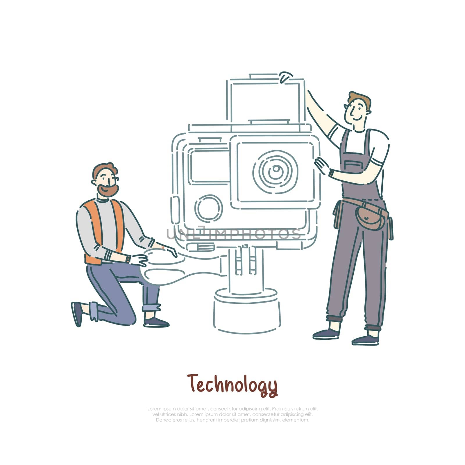 Technicians working with tools, lens changing, photography equipment maintenance service, repair shop banner. People fixing professional camera concept cartoon sketch. Flat vector illustration