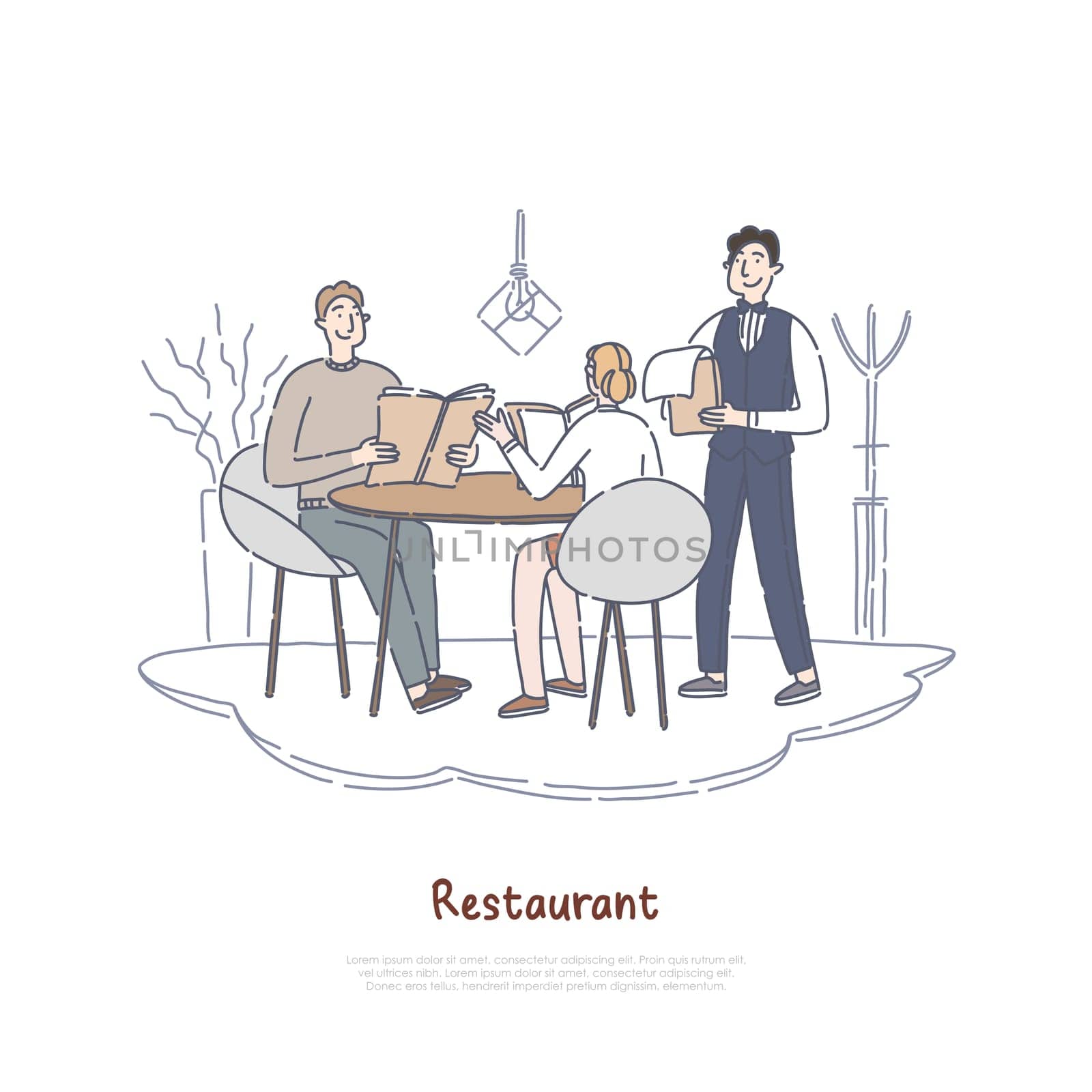 Couple dating in restaurant, boyfriend and girlfriend having dinner in cafe, ordering food, colleagues on break banner. Coffee shop worker, waiter concept cartoon sketch. Flat vector illustration