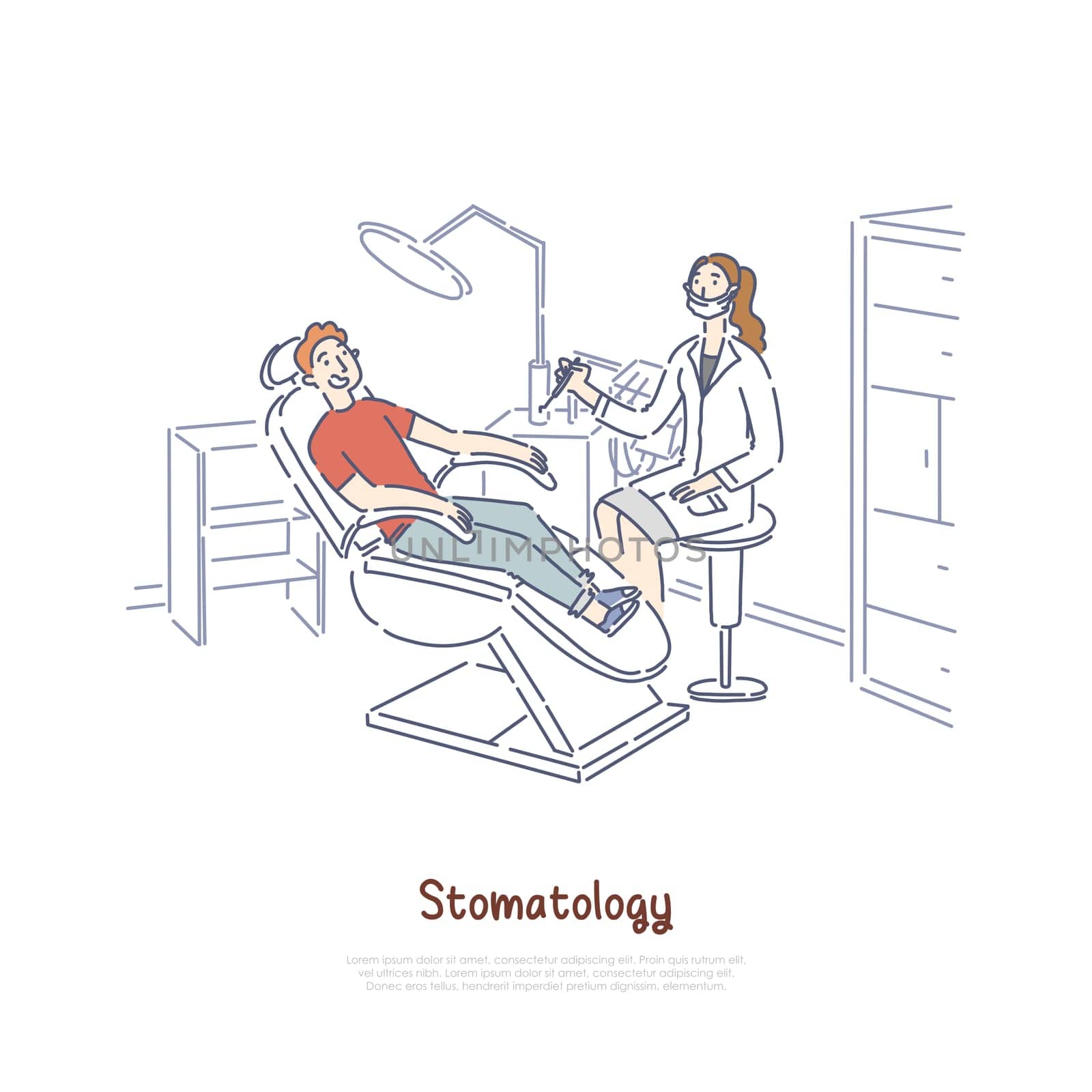 Stomatology clinic, office, patient at dental chair, dentist holding drilling machine, medical equipment banner template. Teeth examining, treatment concept cartoon sketch. Flat vector illustration