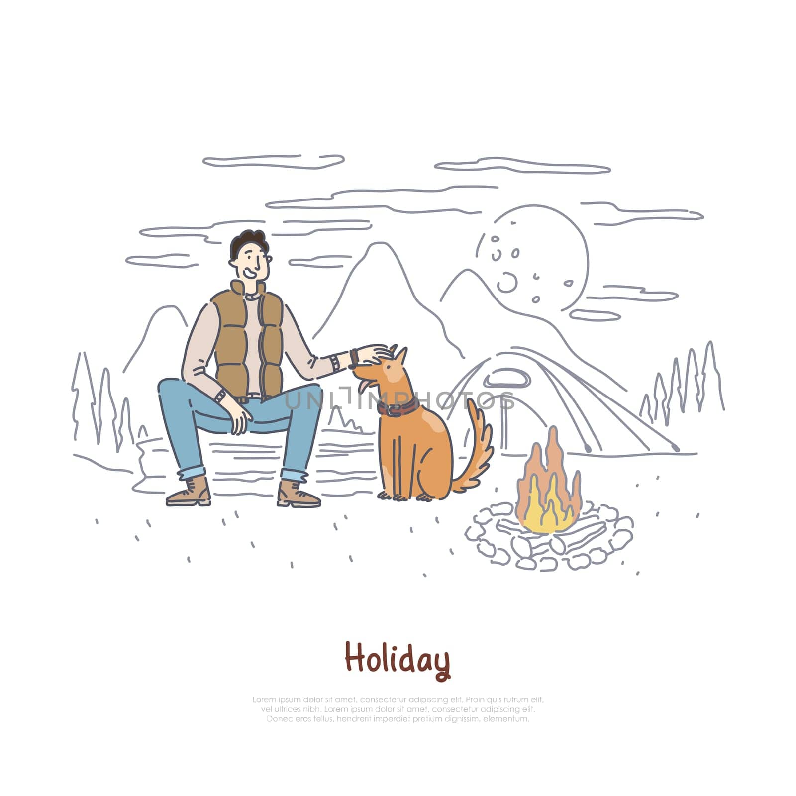 Tourist with dog sitting by campfire, hiking trip, camp in forest, holiday vacation, nature recreation, camping banner. Night in woods, outdoor rest concept cartoon sketch. Flat vector illustration